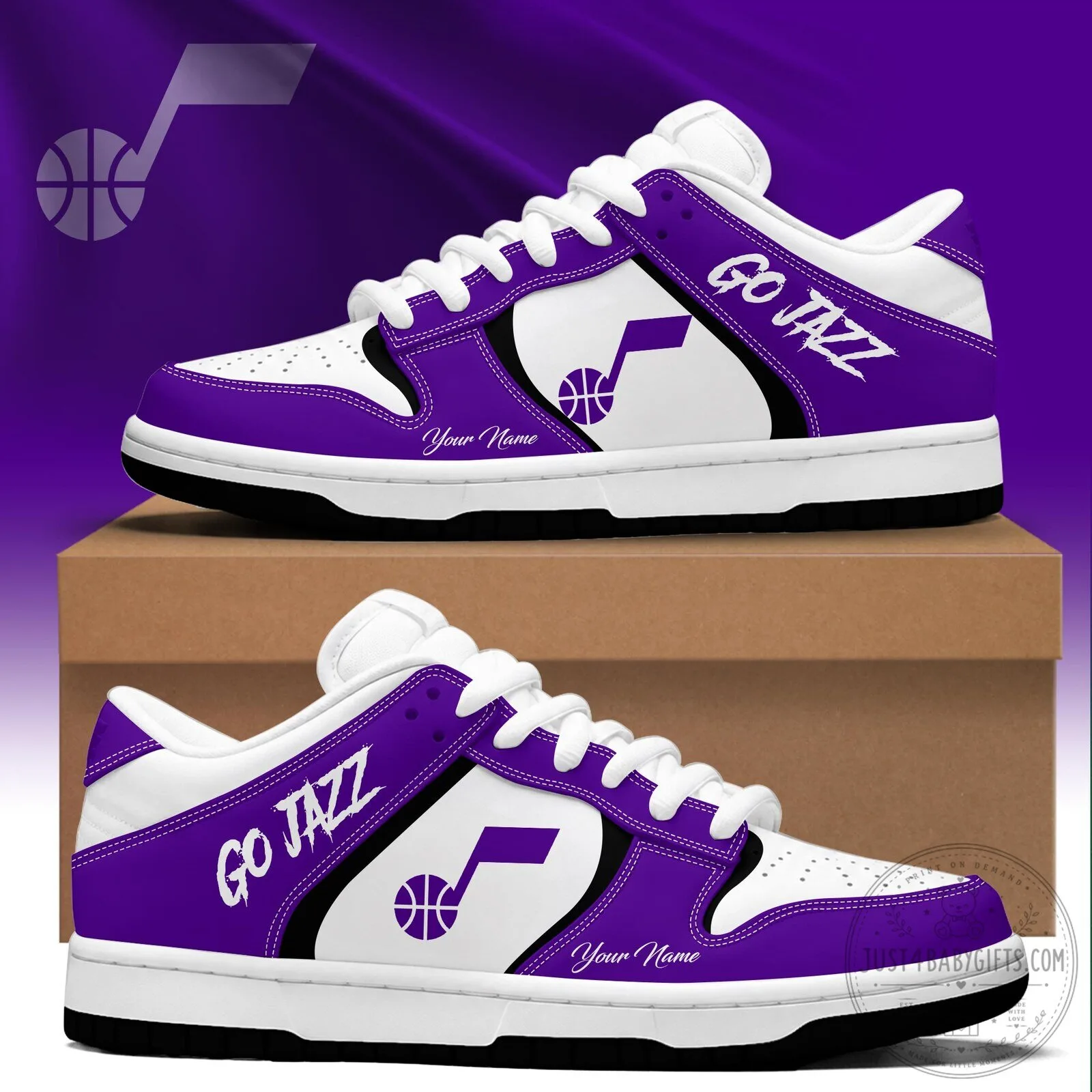 Utah Jazz Basketball Team Personalized Purple and White Sneakers