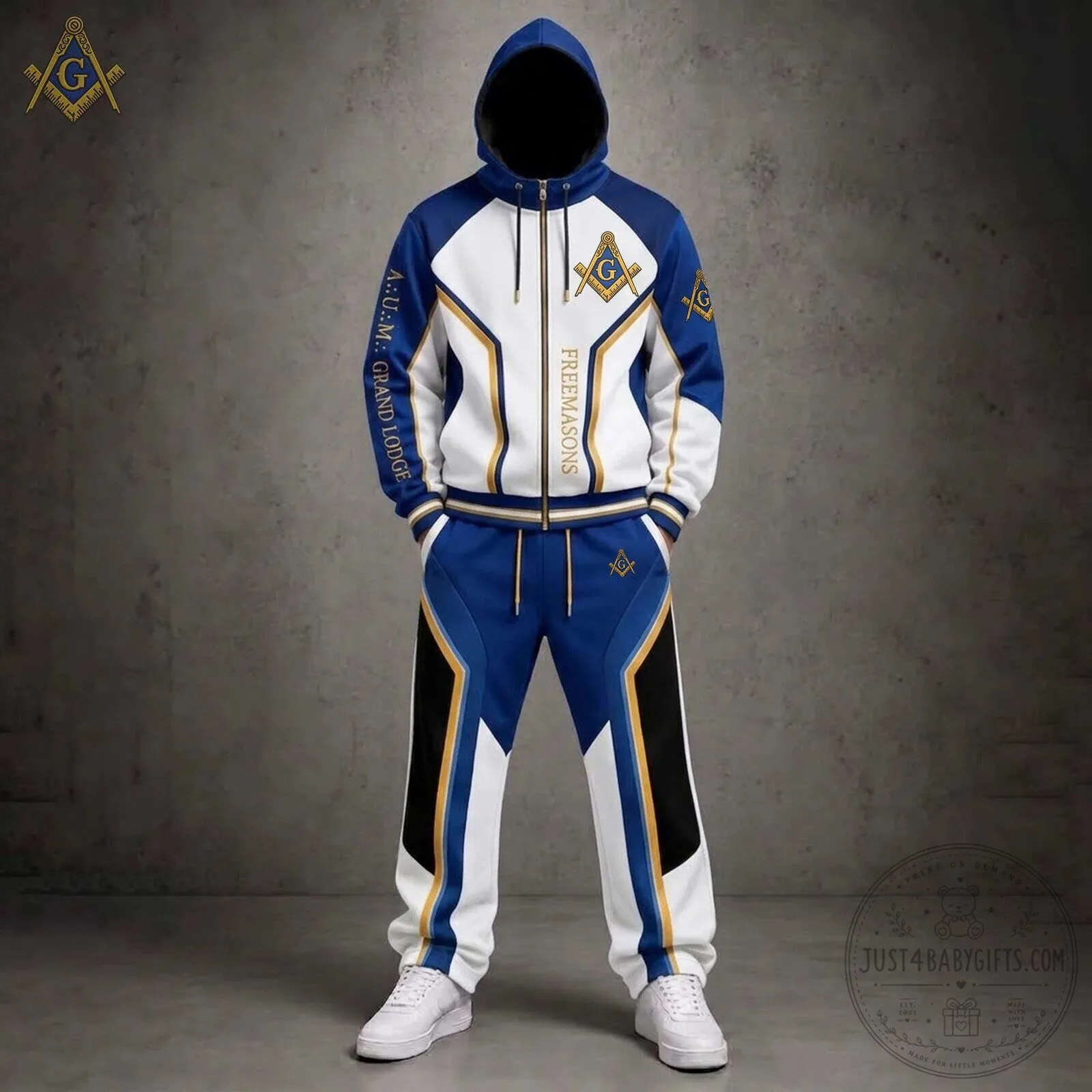 Freemasons Grand Lodge Masonic Symbol Blue and White Tracksuit Hoodie and Pants Set