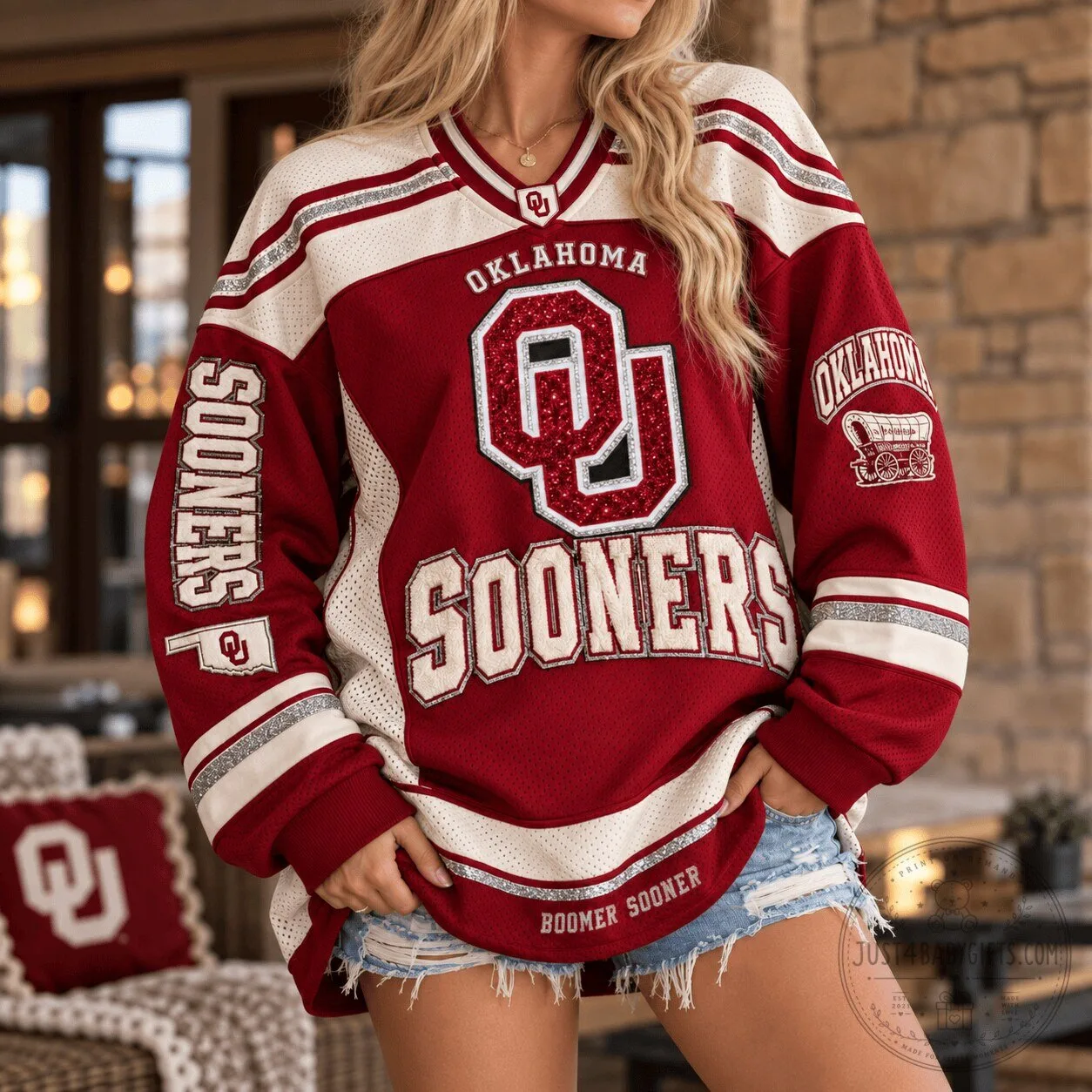 Oklahoma Sooners Women's Crimson Hockey Jersey with Glitter Accents