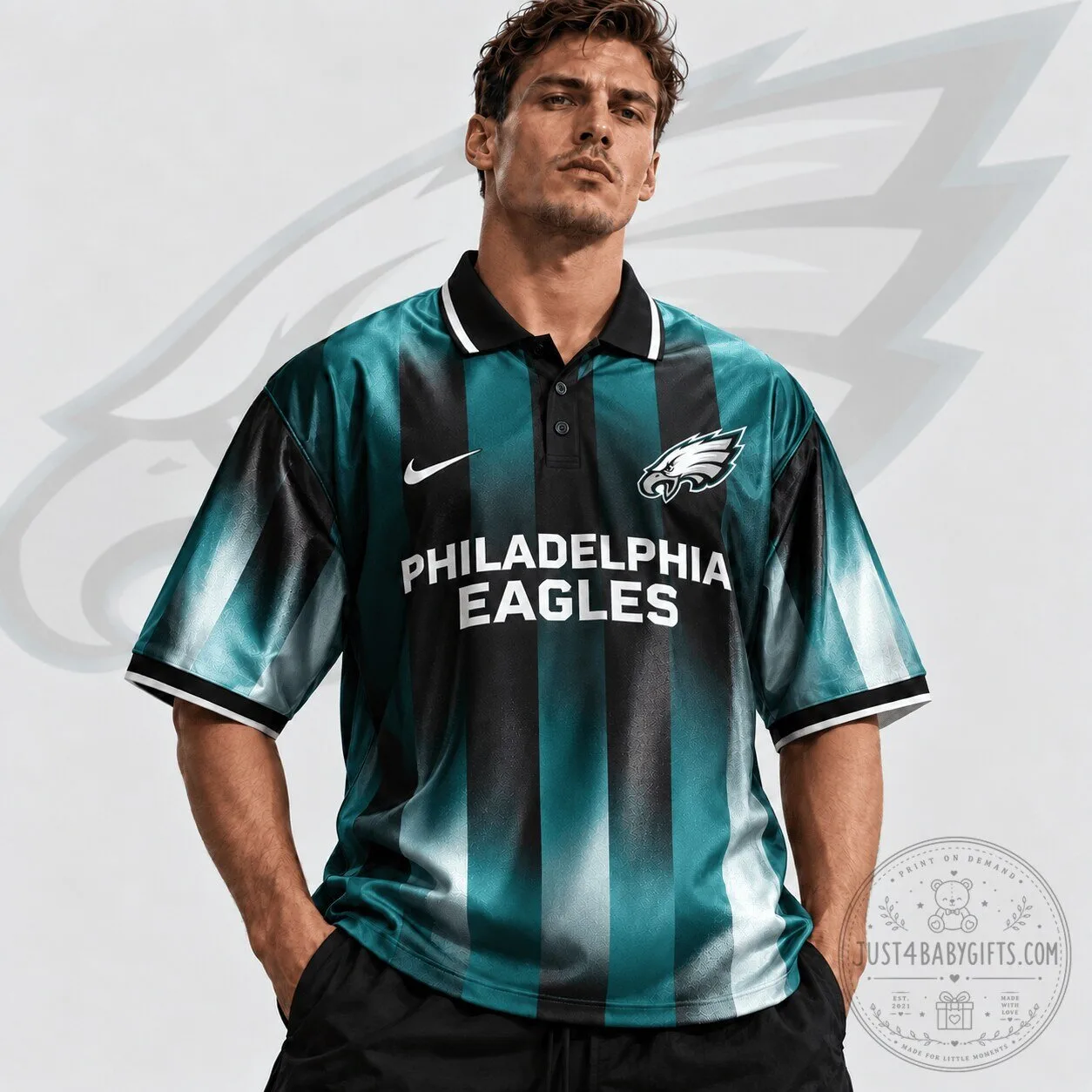 Philadelphia Eagles NFL Team Crest Vertical Stripe Retro Polo Shirt 2 Philadelphia Eagles NFL Team Crest Vertical Stripe Retro Polo Shirt