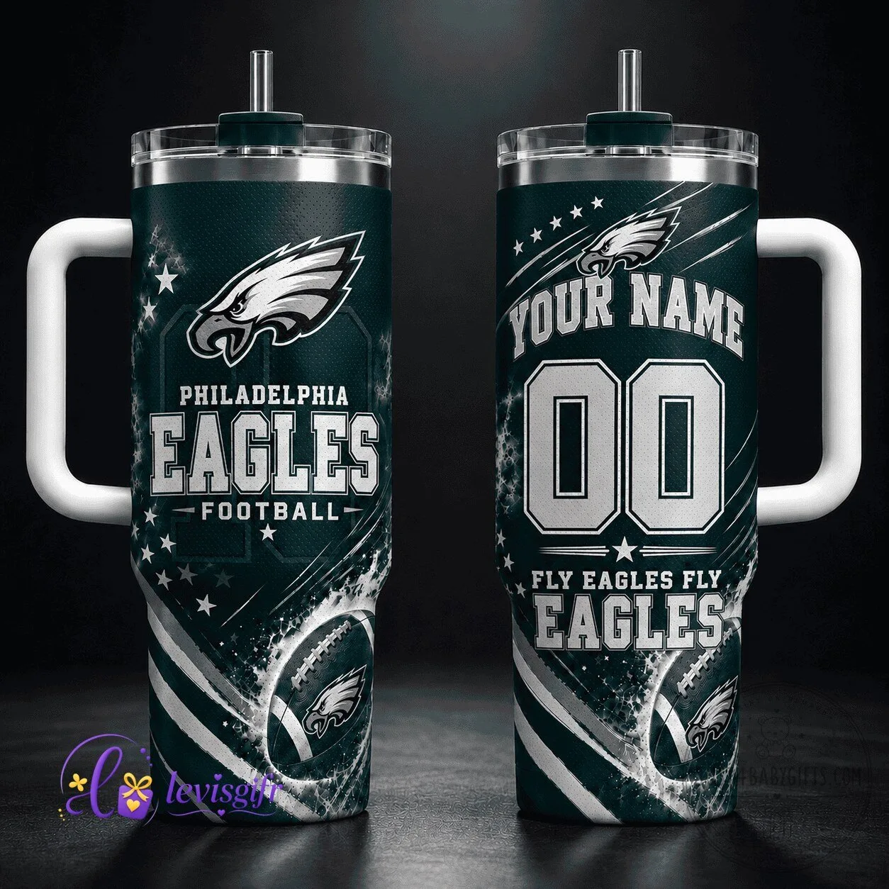 Philadelphia Eagles Fan Personalized Football Tumbler with Handle and Straw