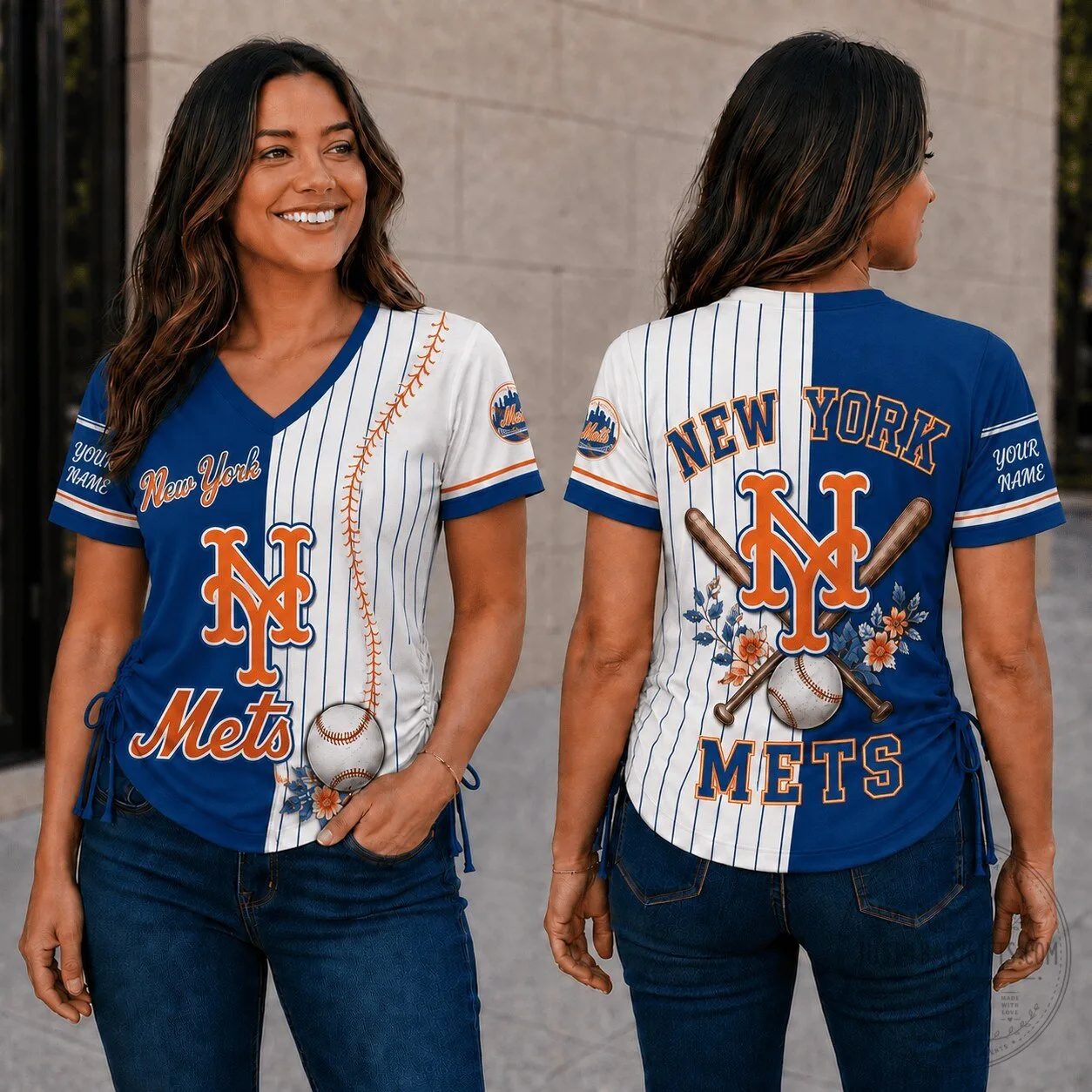 New York Mets MLB Fan Shirt, Personalized Baseball V-Neck T-Shirt for Women
