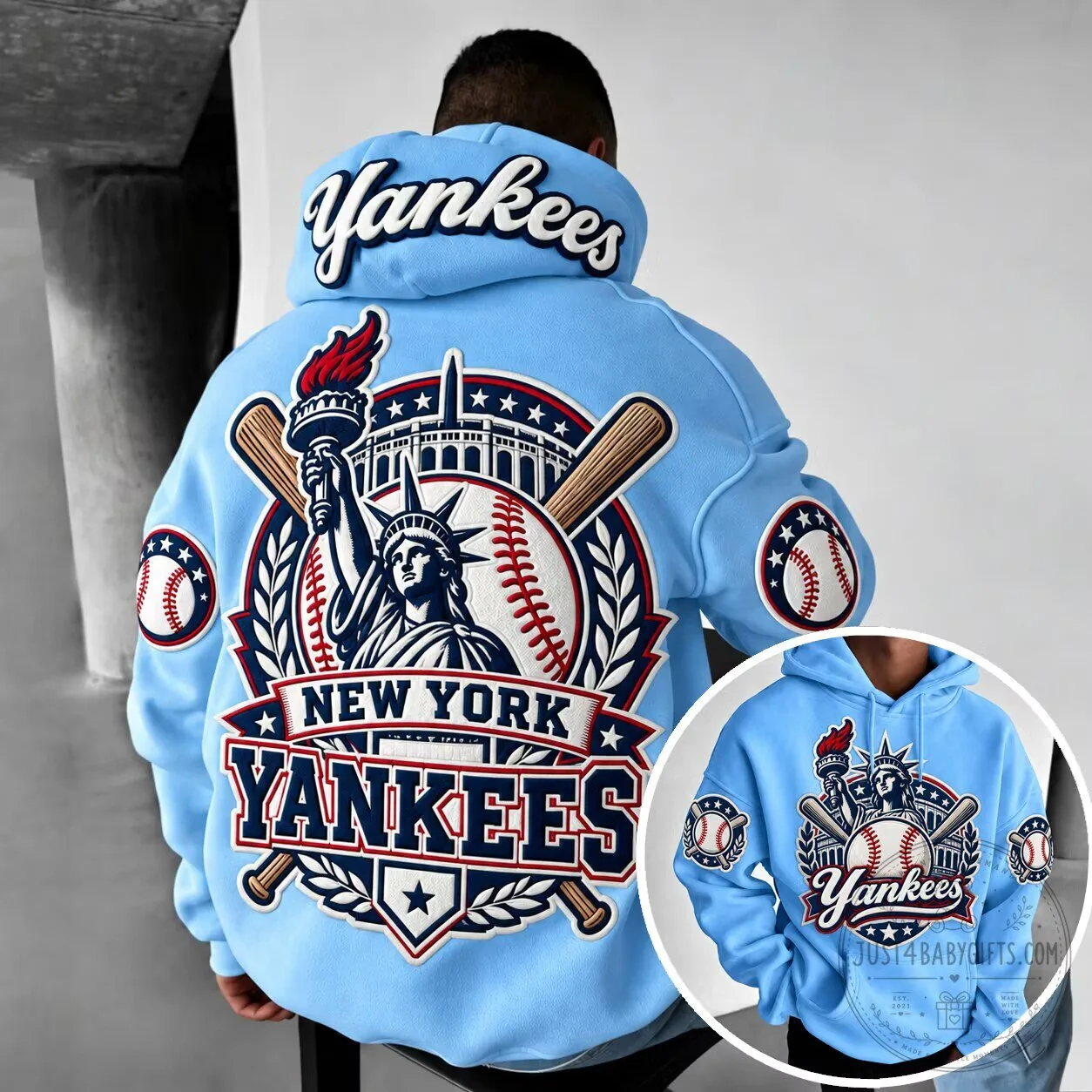 New York Yankees Baseball Statue of Liberty Light Blue Hoodie
