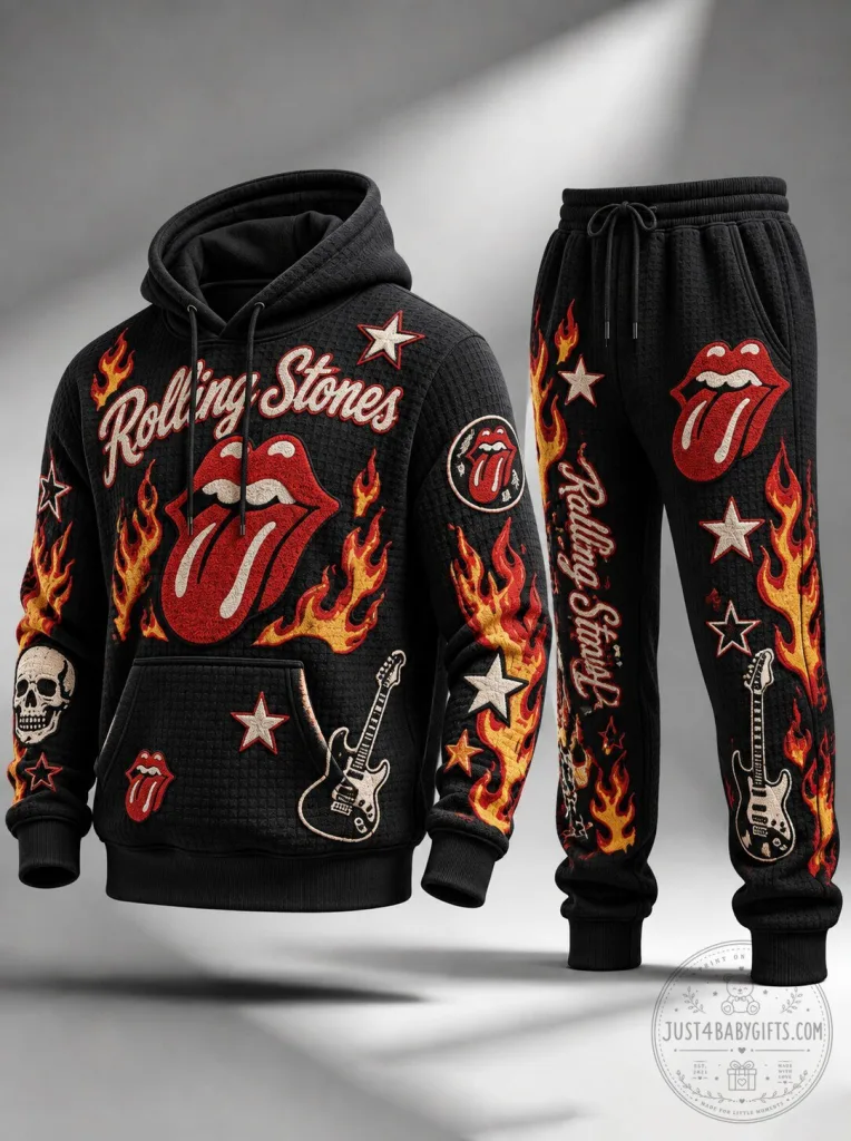 Rolling Stones Flames Graphic Black Hoodie and Sweatpants Set
