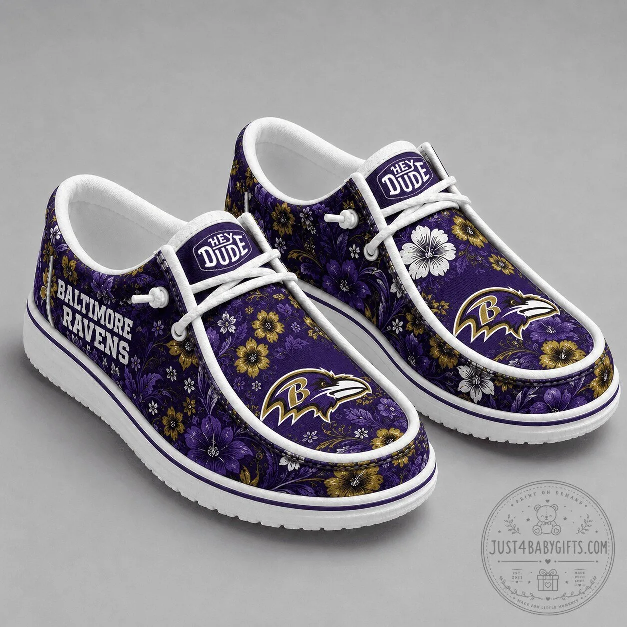 Baltimore Ravens Floral Pattern Purple Gold Hey Dude Style Shoes