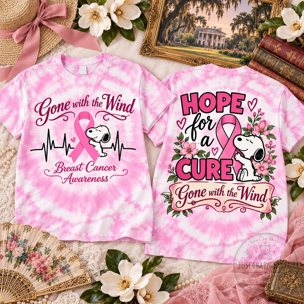 Snoopy Breast Cancer Awareness Hope For A Cure Gone With The Wind Pink Tie-Dye T-Shirt