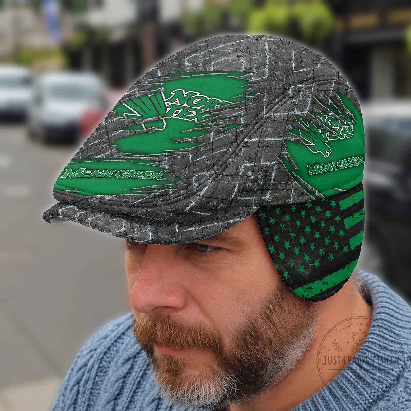 North Texas Mean Green American Flag Flat Cap with Foldable Ear Flaps
