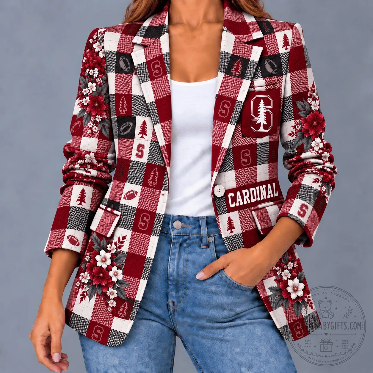 Stanford Cardinal Football Floral Plaid Women's Blazer Jacket