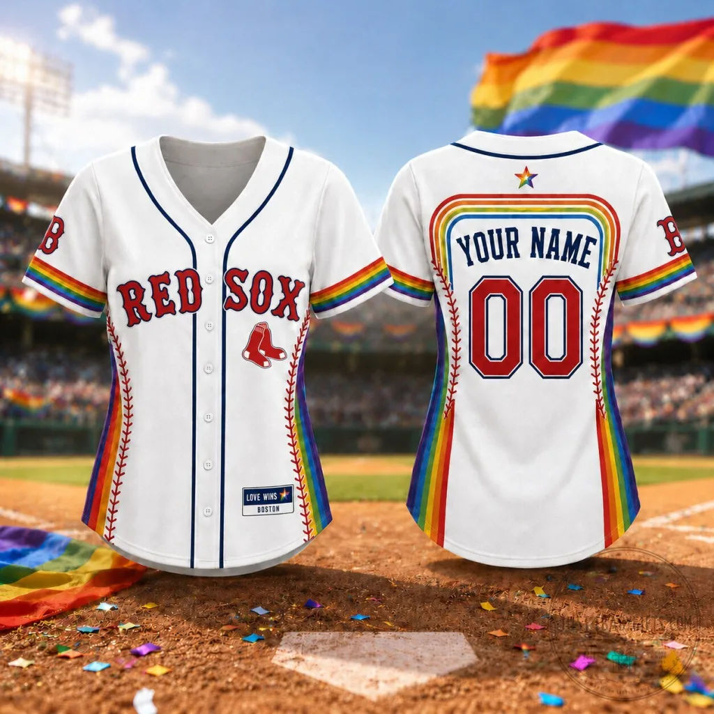 Boston Red Sox Personalized Baseball Jersey with Rainbow Pride Design
