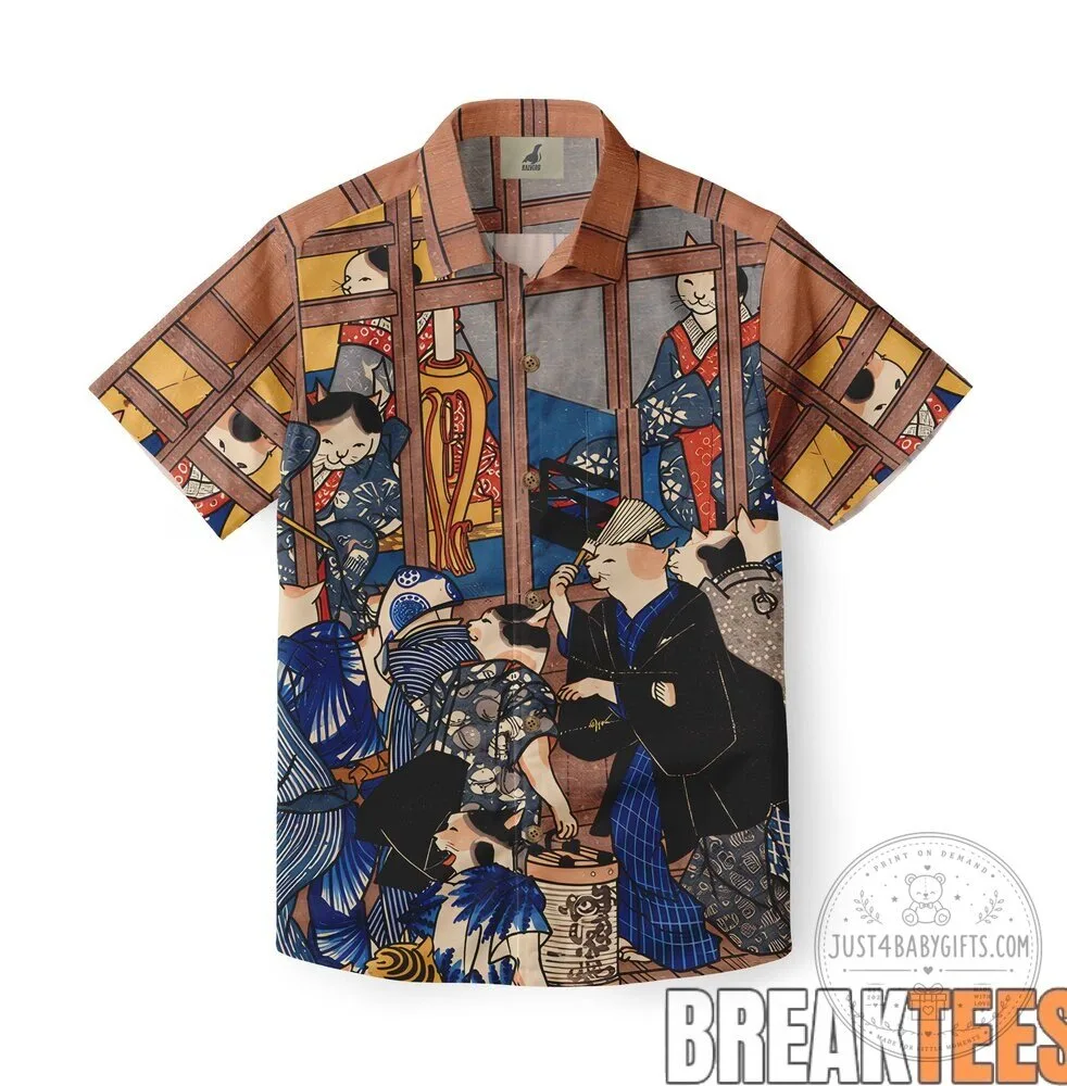Japanese Ukiyo-e Cat Gathering Art Print Hawaiian Shirt