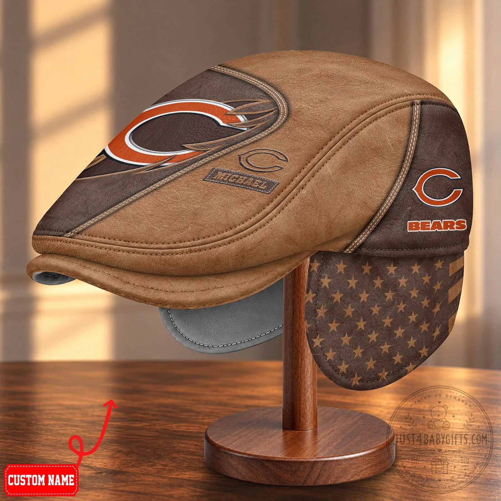 Chicago Bears National Football League Custom Name Flat Cap with Foldable Ear Flaps