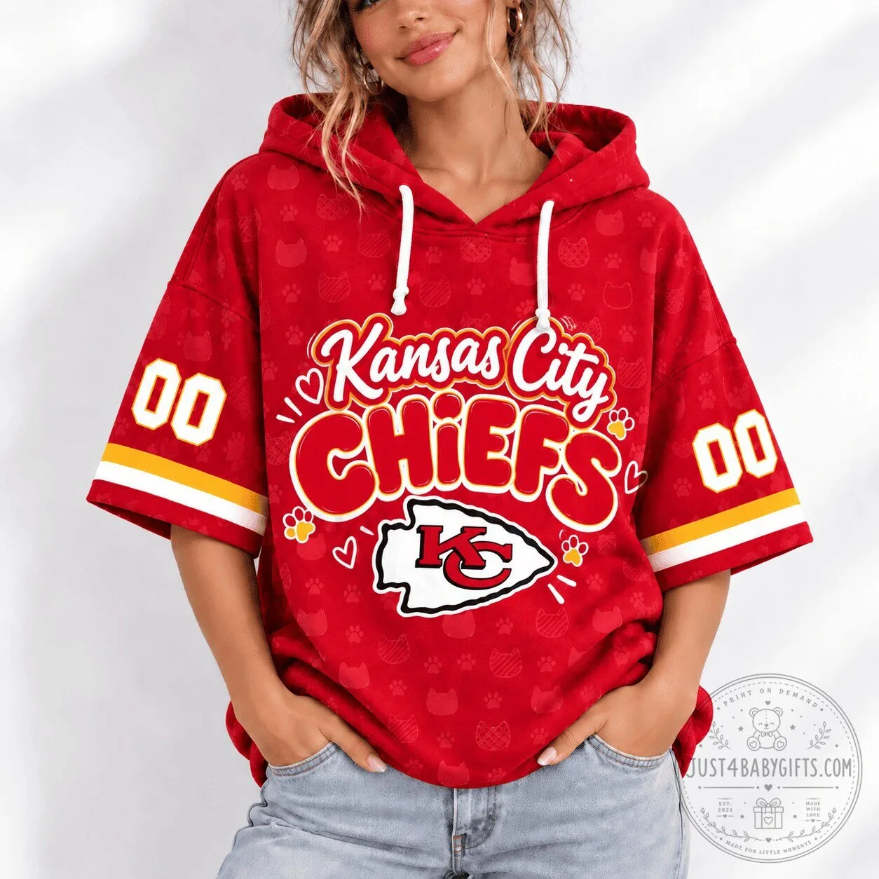 Kansas City Chiefs Football Team Short Sleeve Hoodie for Women