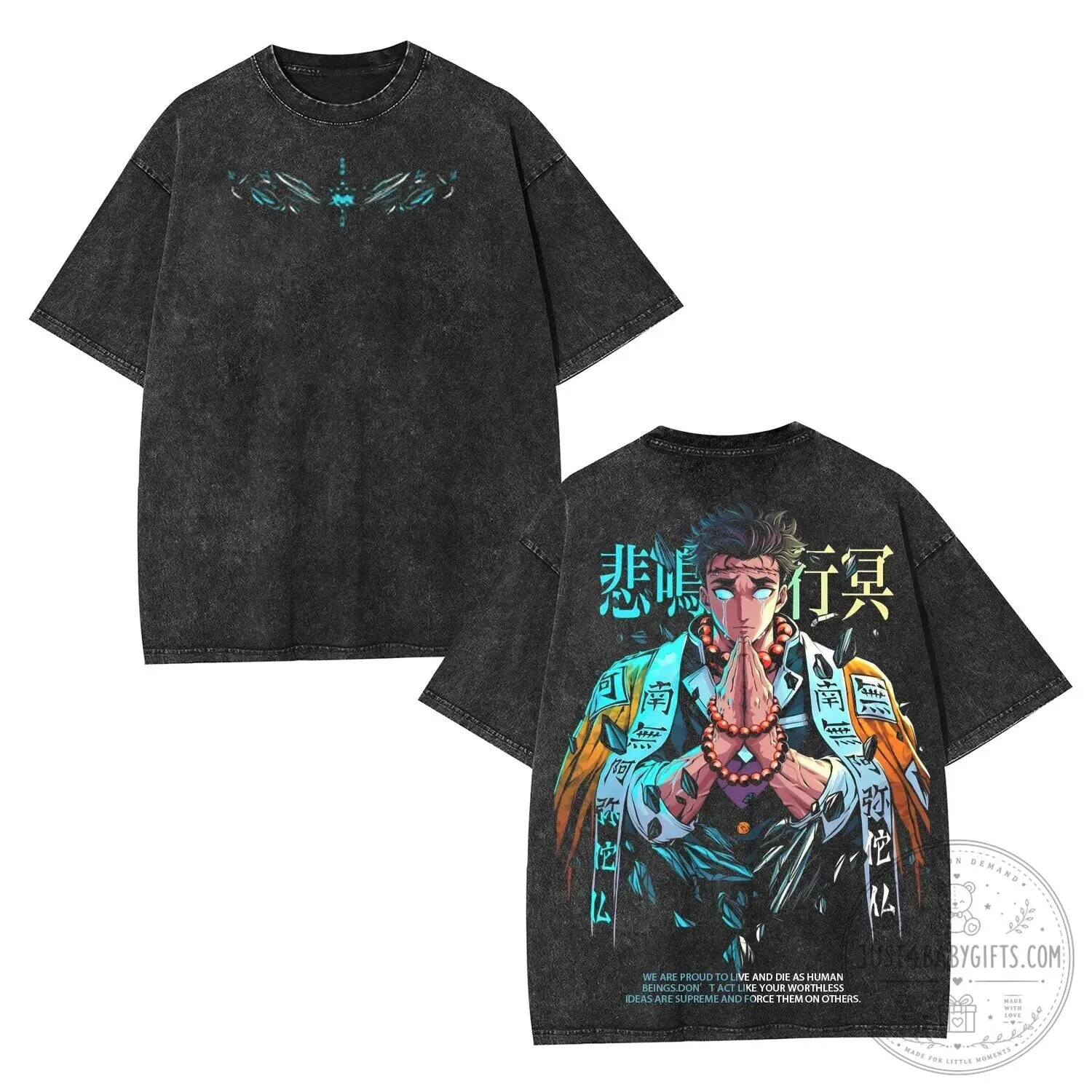 Gyomei Himejima Demon Slayer Anime Vintage Washed Black T-Shirt