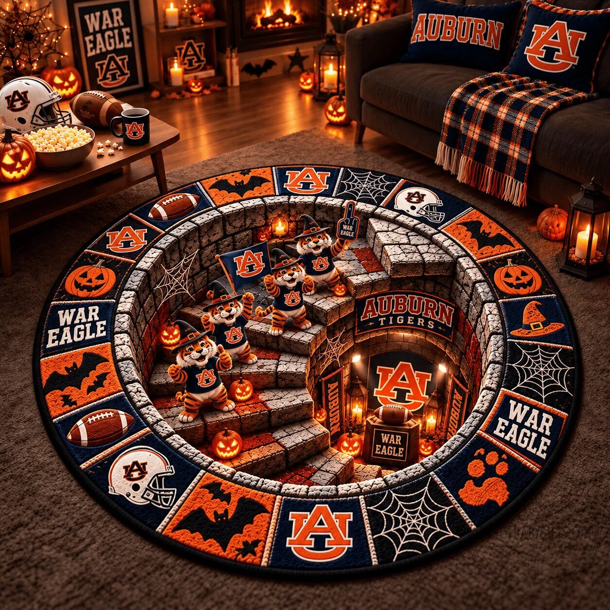Auburn Tigers Halloween Football Fan Round Area Rug