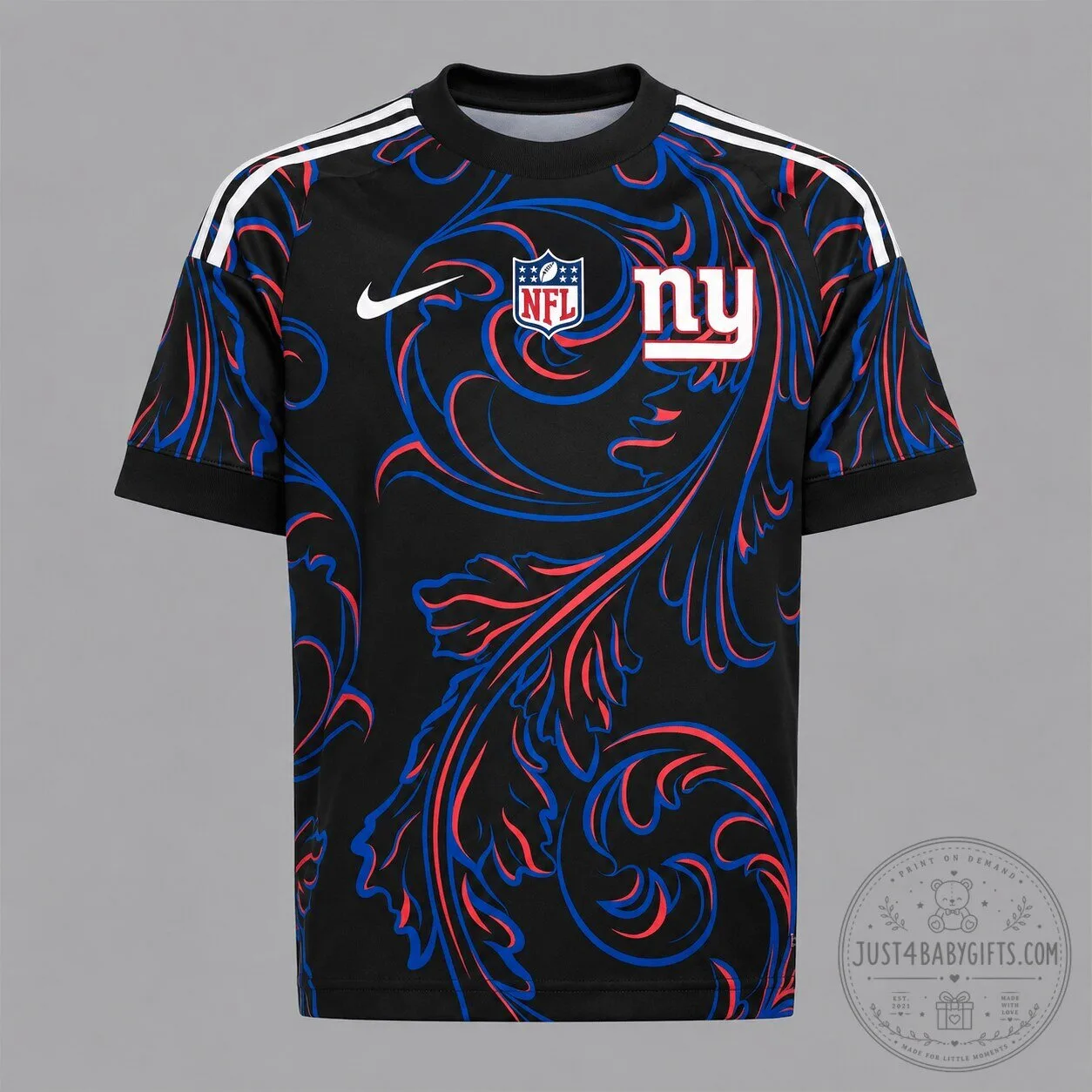 New York Giants NFL Football Team Black Floral All Over Print Short Sleeve Jersey