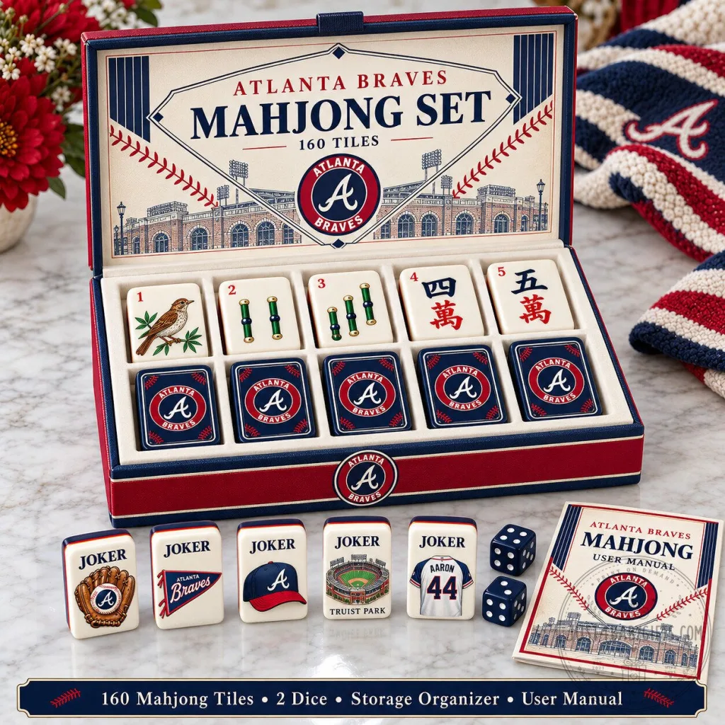 Atlanta Braves Baseball Team Mahjong Game Set with 160 Tiles and Storage Case