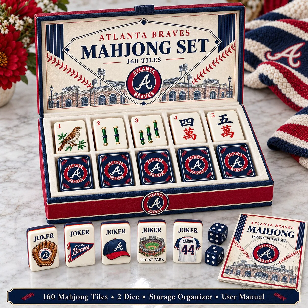 Atlanta Braves Baseball Team Mahjong Game Set with 160 Tiles and Storage Case