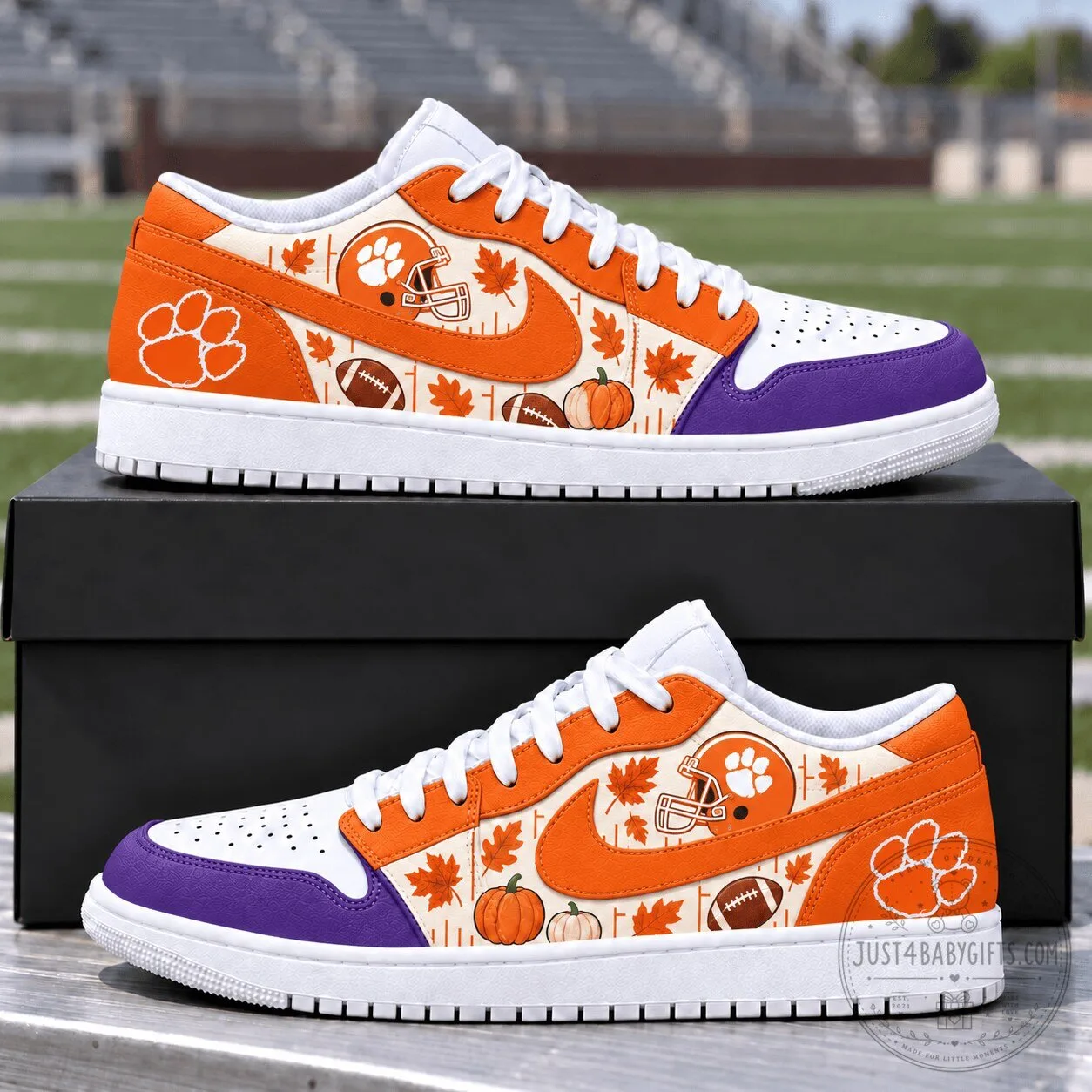 Clemson Tigers Fall Season Football Pattern White and Orange Sneakers