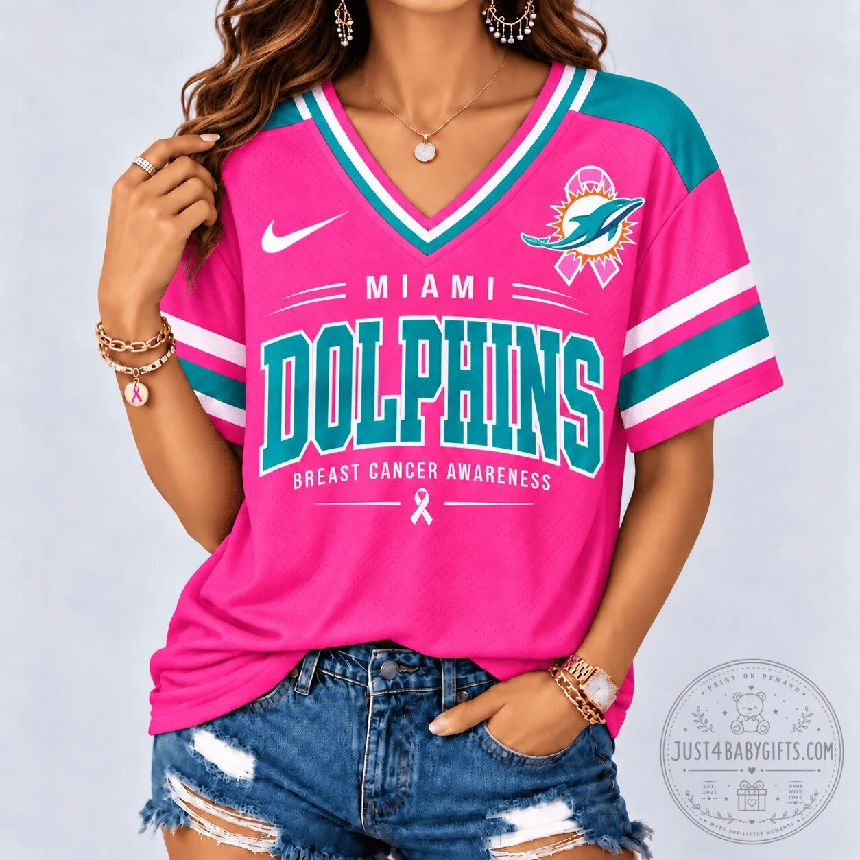 Miami Dolphins Pink Breast Cancer Awareness Football Jersey for Women