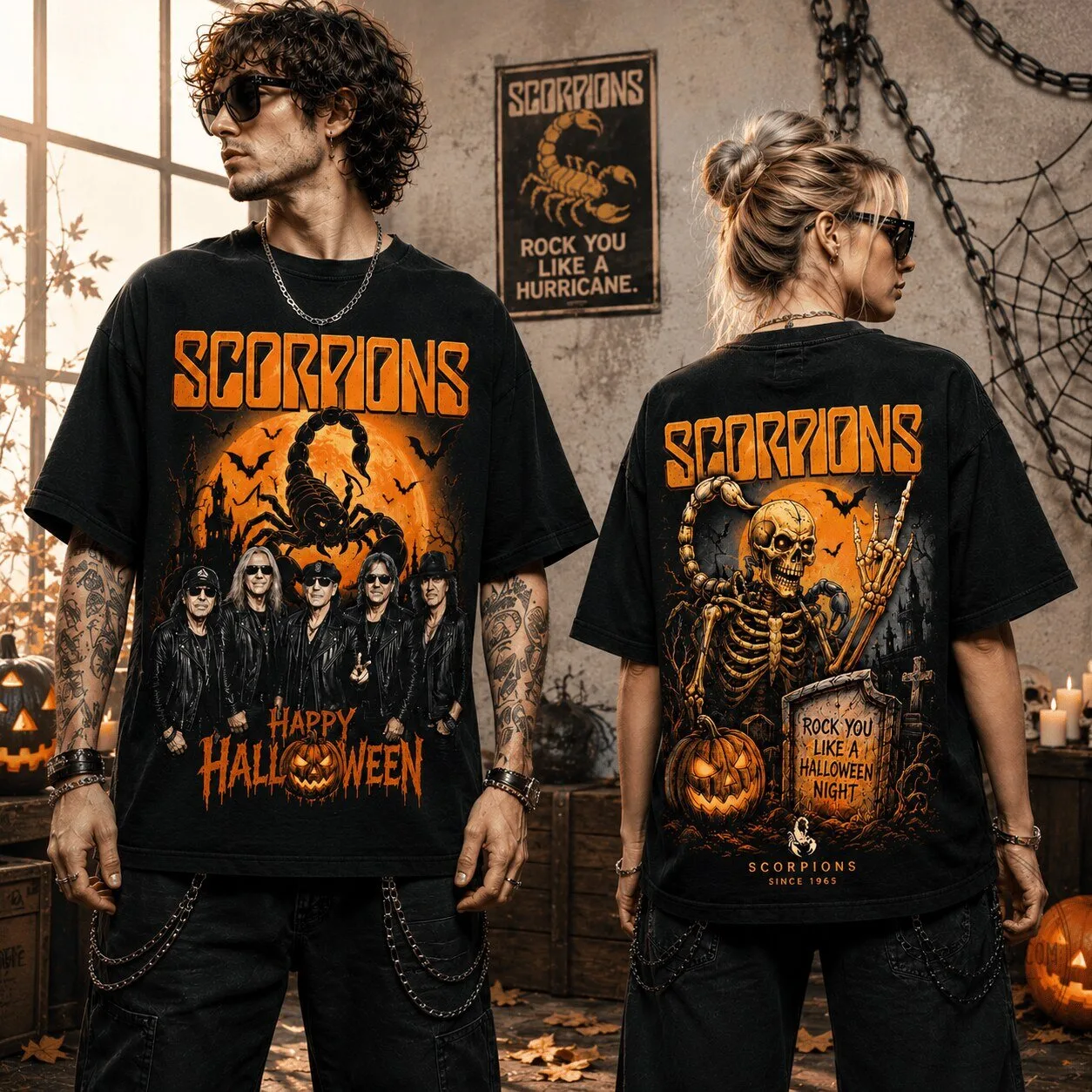 Happy Halloween Scorpions Rock You Like a Hurricane Skeleton Band T-Shirt