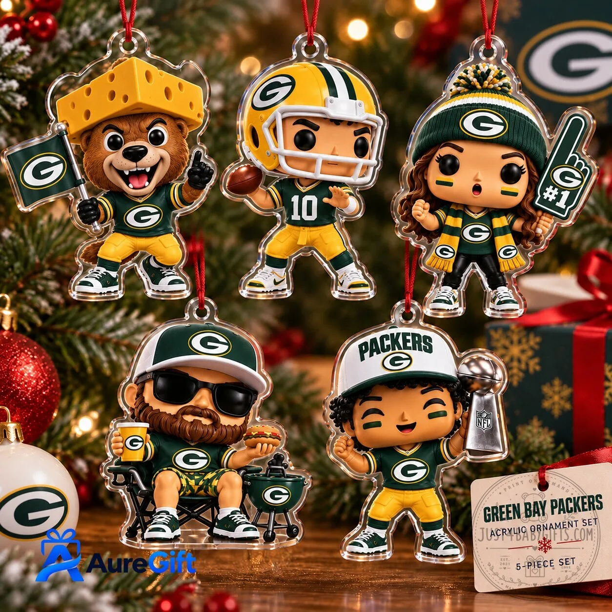 Green Bay Packers NFL Christmas Kickoff 5-Piece Acrylic Ornament Set