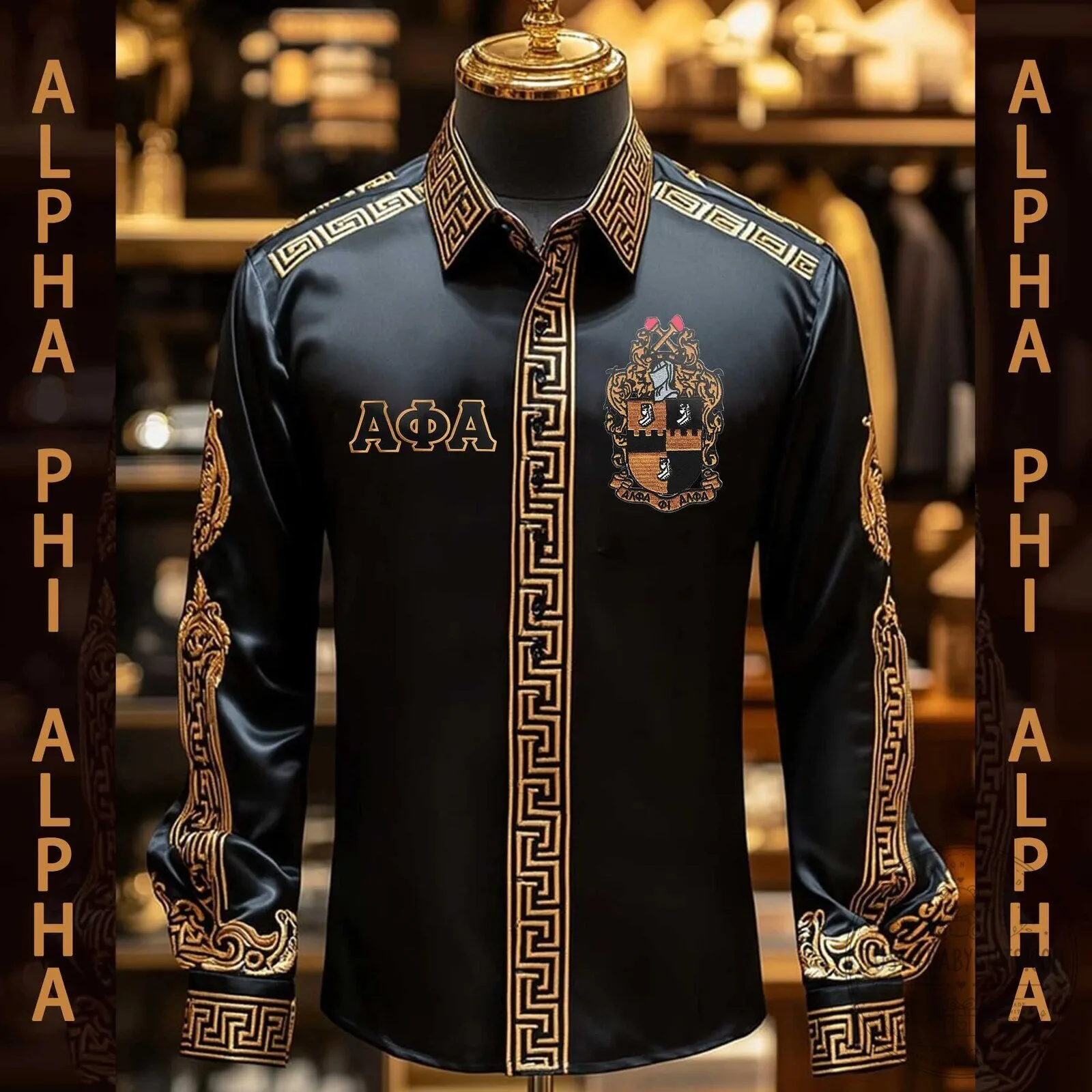 Alpha Phi Alpha Fraternity Black Gold Greek Key Long-Sleeve Button-Up Shirt