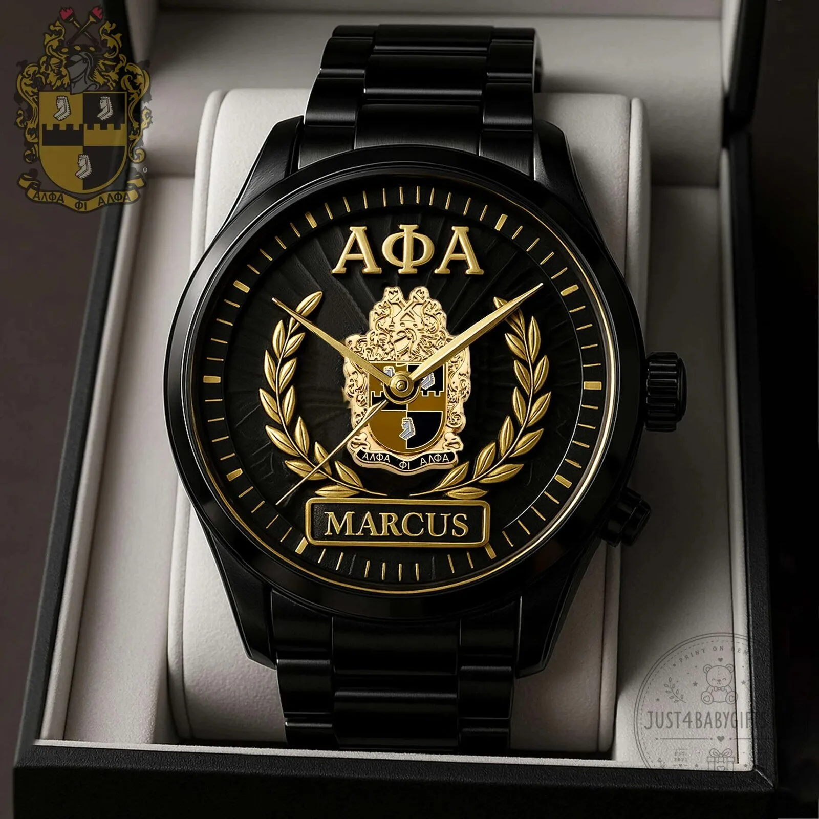 Alpha Phi Alpha Fraternity Black Gold Custom Engraved Watch