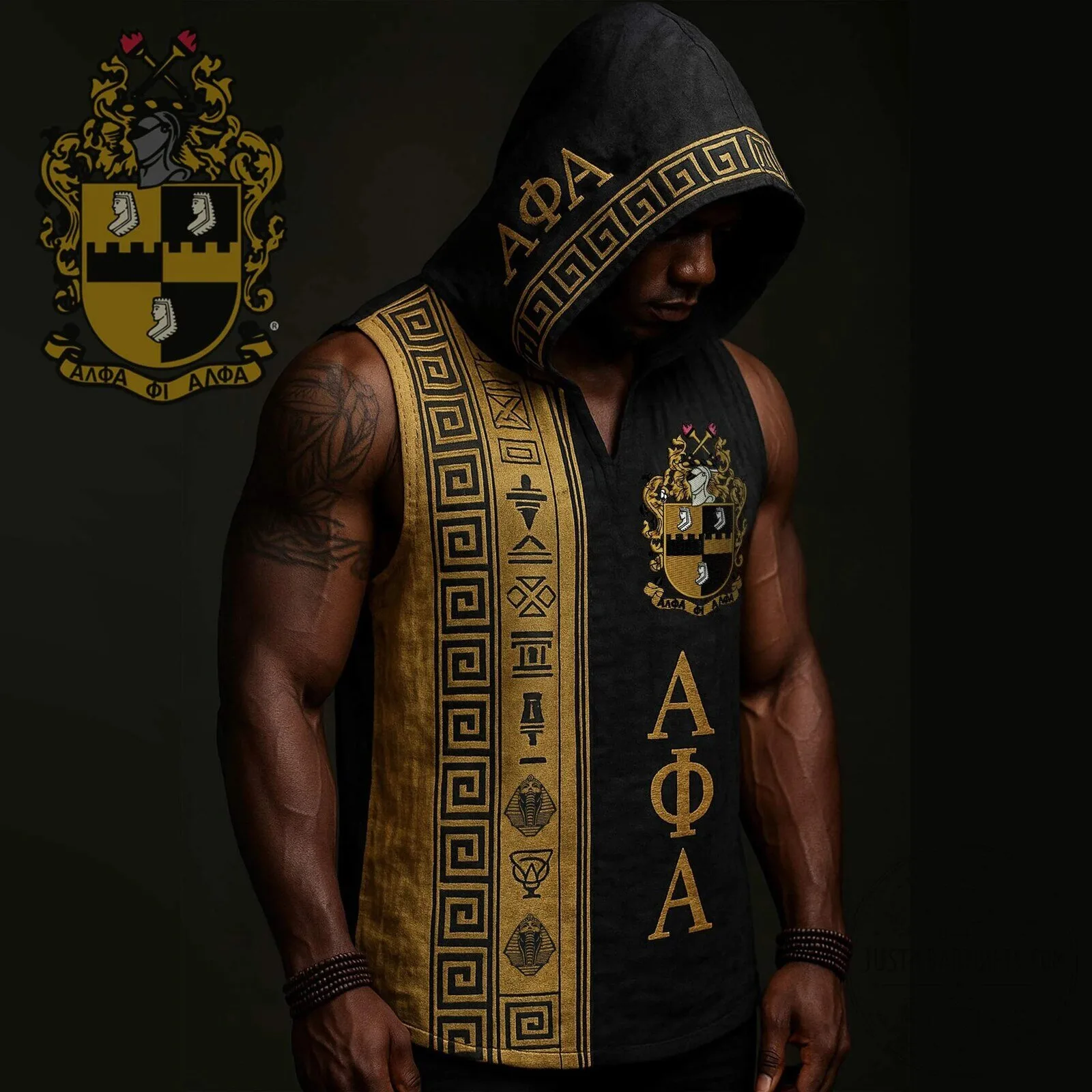 Alpha Phi Alpha Fraternity Incorporated Black Gold Greek Letter Hooded Tank Top