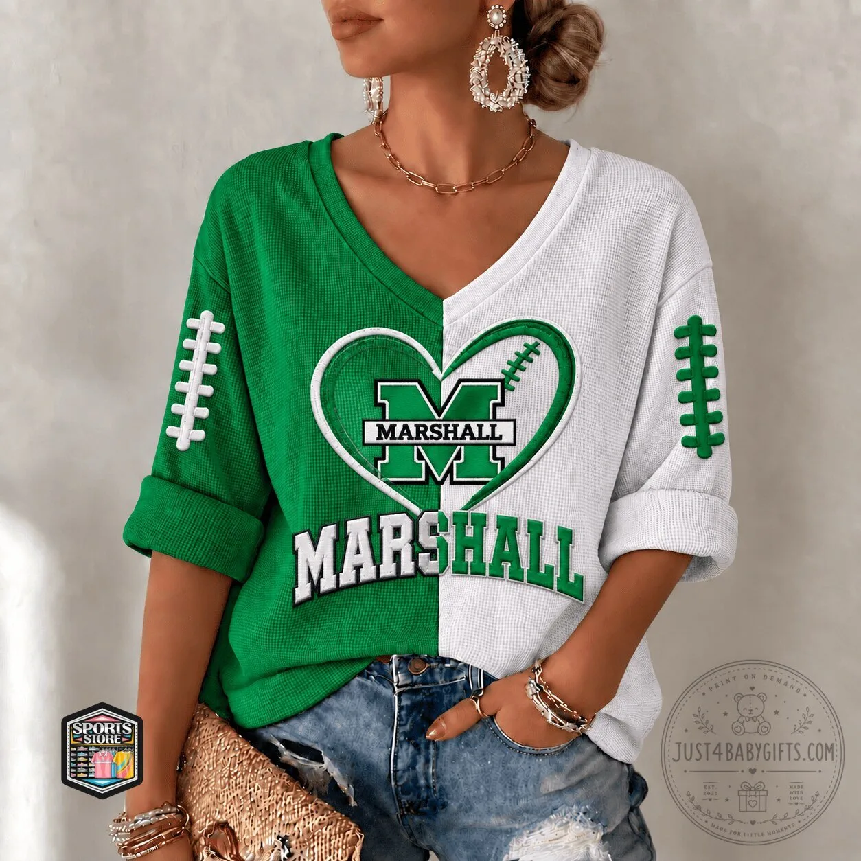Marshall Thundering Herd Football Team Fan V-Neck T-Shirt