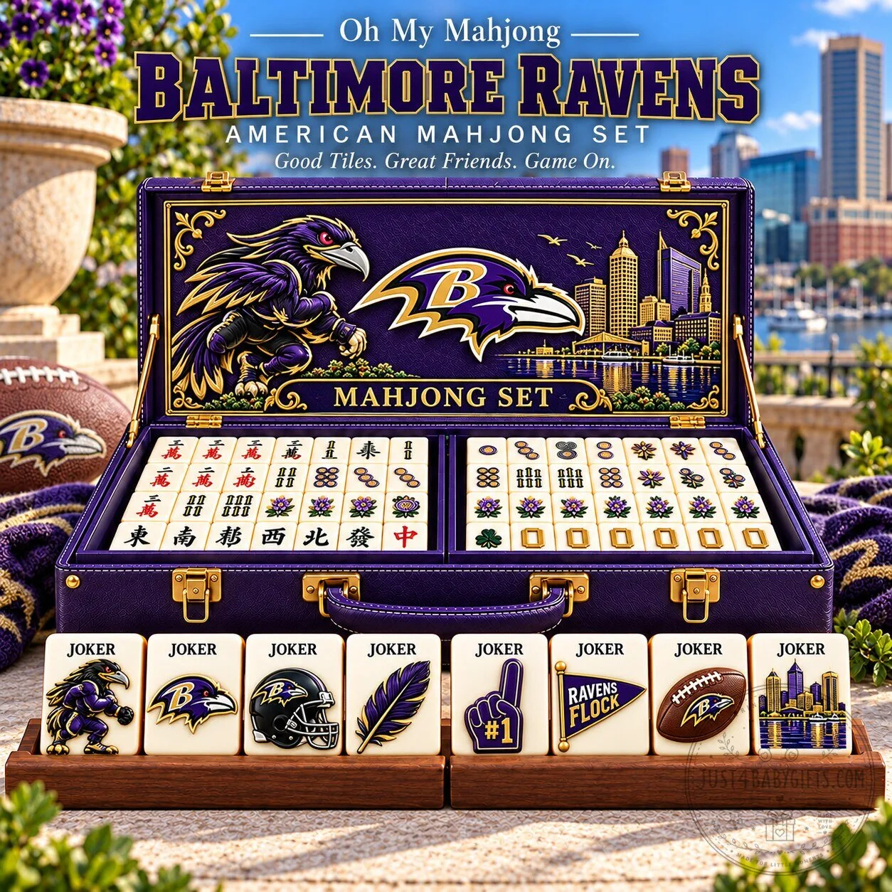Baltimore Ravens American Mahjong Game Set with Custom Tiles and Case
