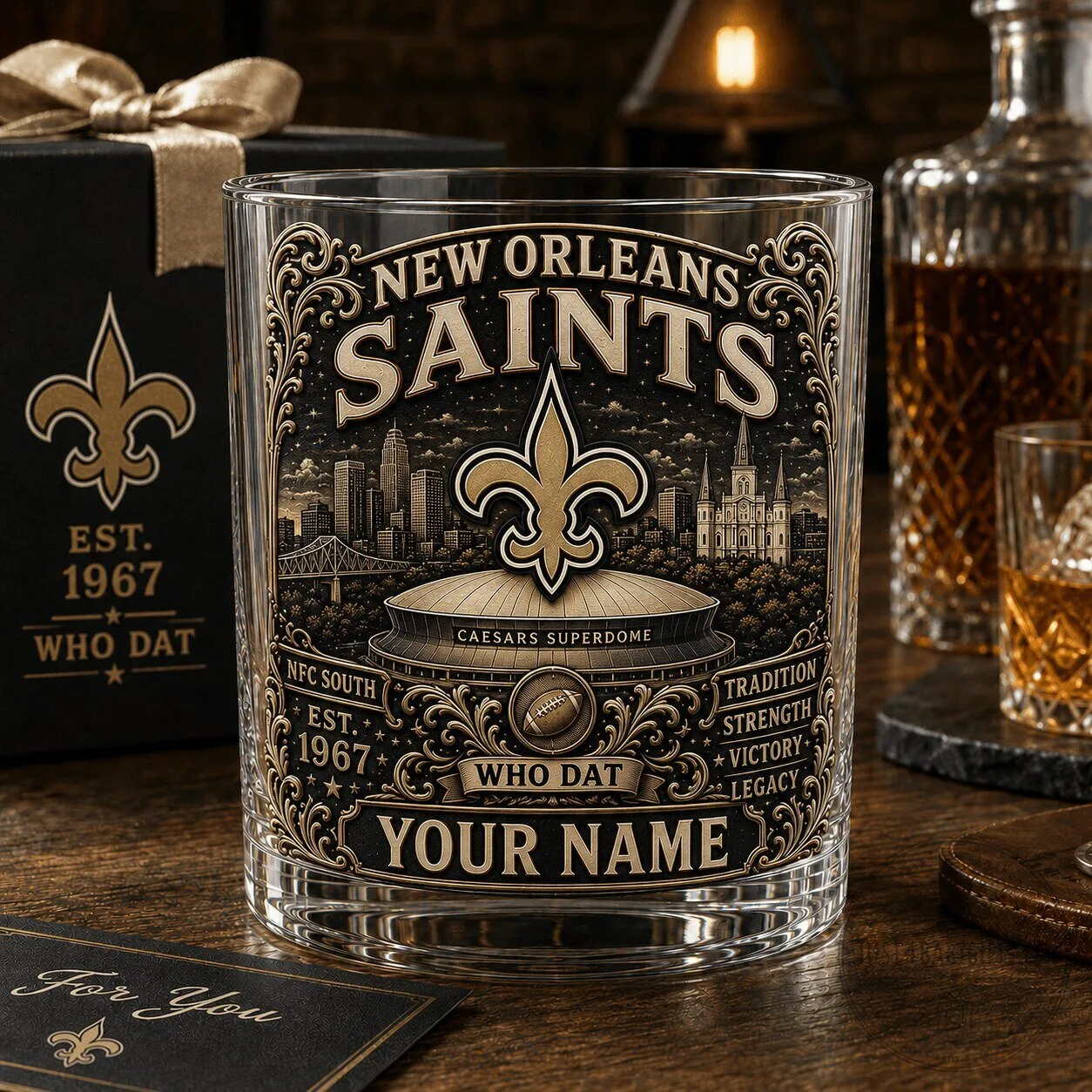 New Orleans Saints Football Team Personalized Whiskey Glass Gift