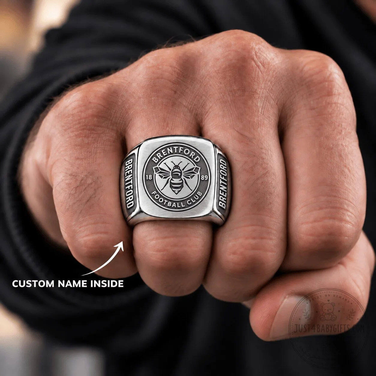 Brentford Football Club Engraved Silver Ring for Men, Custom Name Inside