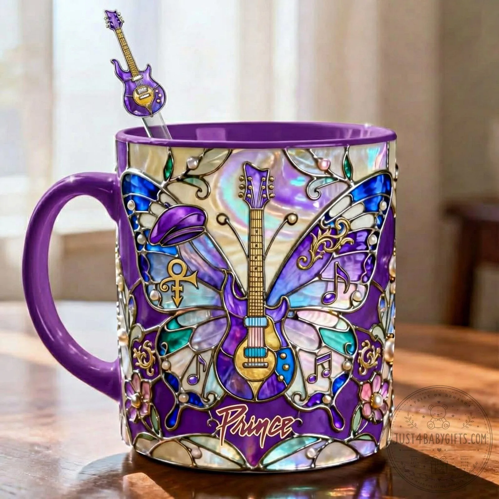 Butterfly Coffee Mug in Stained Glass Design - Prince Purple Rain Edition