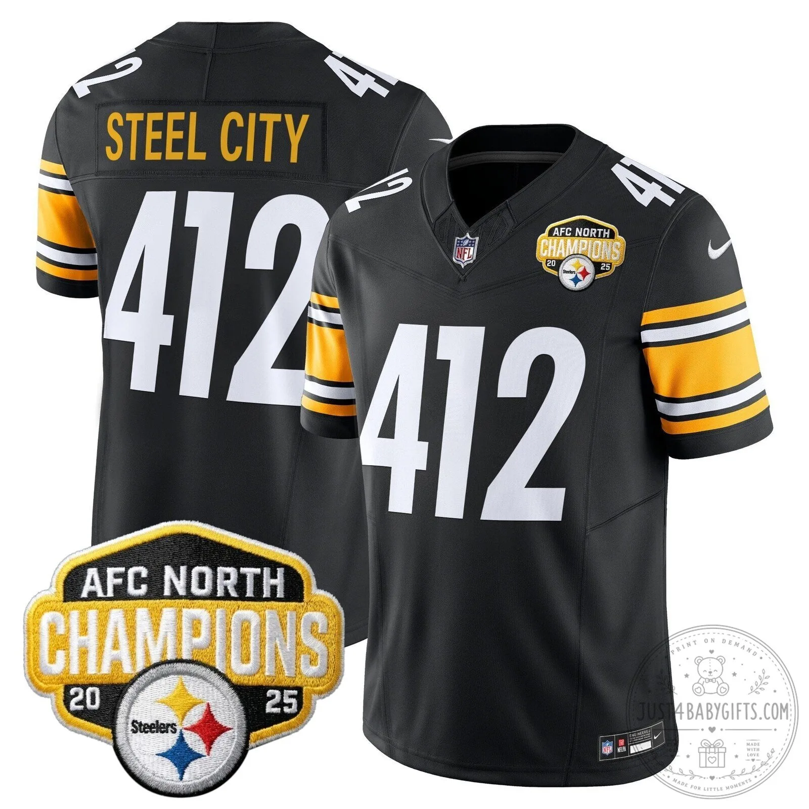 Pittsburgh Steelers TJ Watt AFC North Champions 2025 Football Jersey 65 Pittsburgh Steelers TJ Watt AFC North Champions 2025 Football Jersey