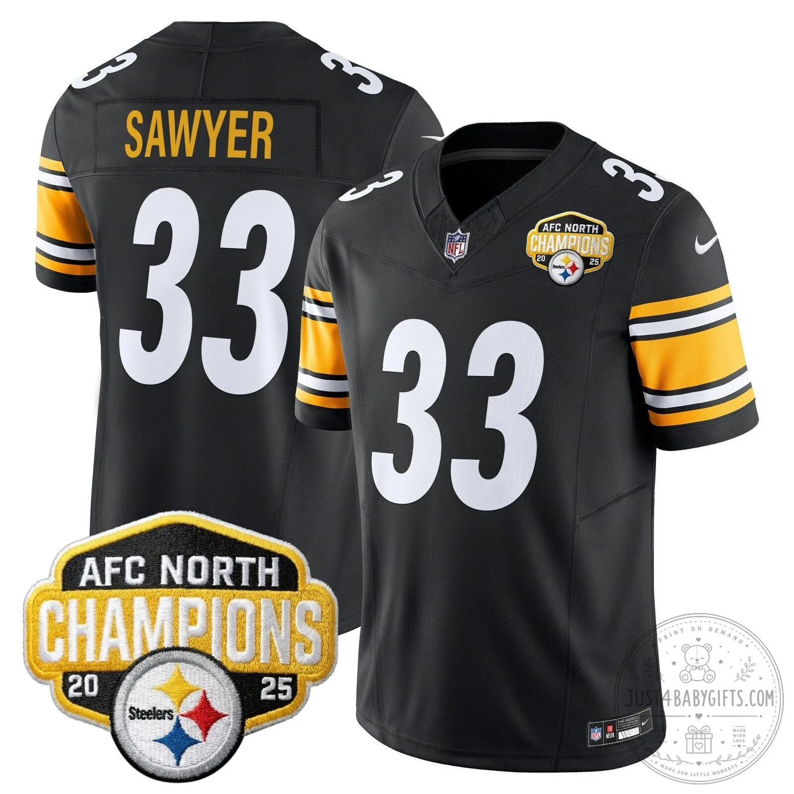 Pittsburgh Steelers TJ Watt AFC North Champions 2025 Football Jersey 66 Pittsburgh Steelers TJ Watt AFC North Champions 2025 Football Jersey