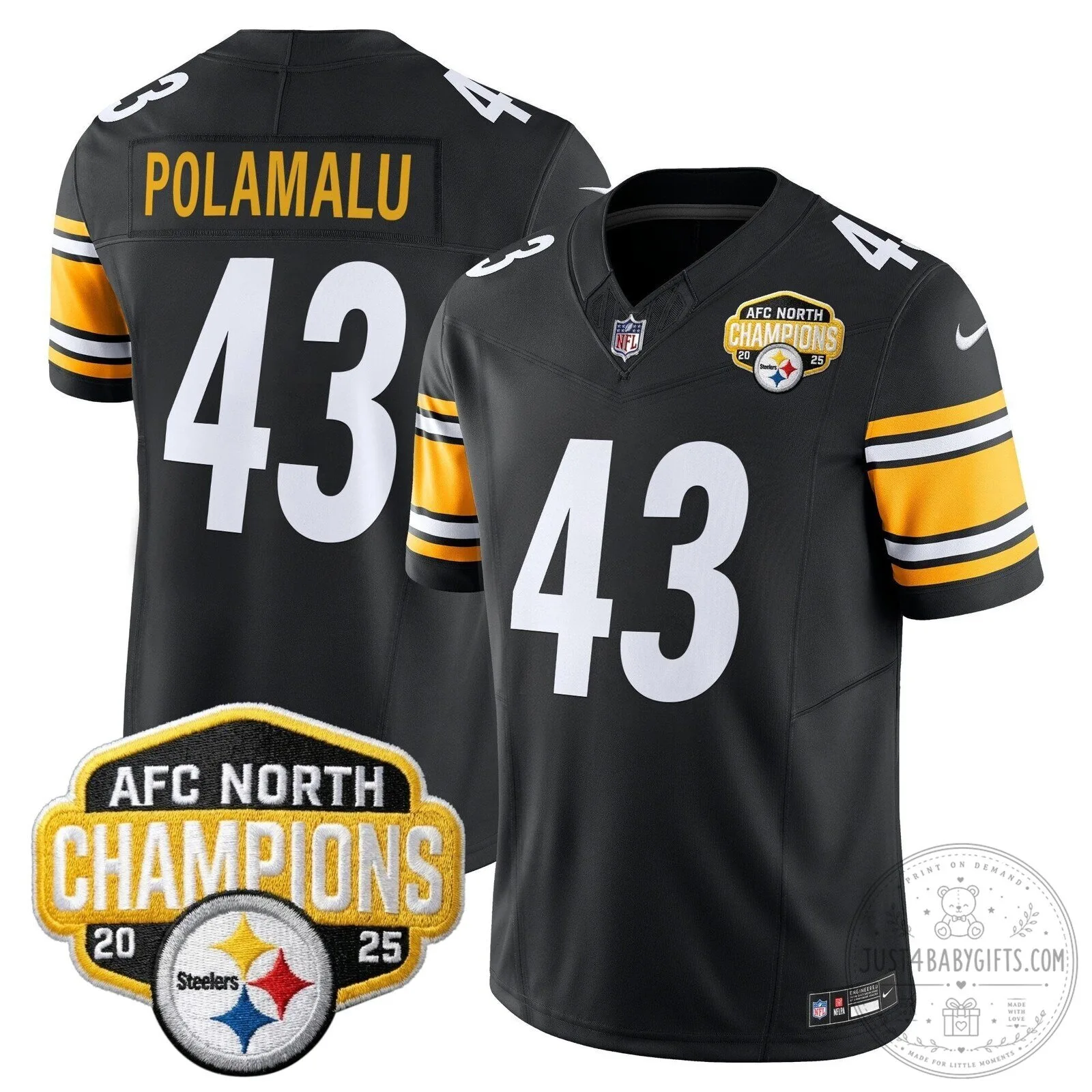 Pittsburgh Steelers TJ Watt AFC North Champions 2025 Football Jersey 69 Pittsburgh Steelers TJ Watt AFC North Champions 2025 Football Jersey