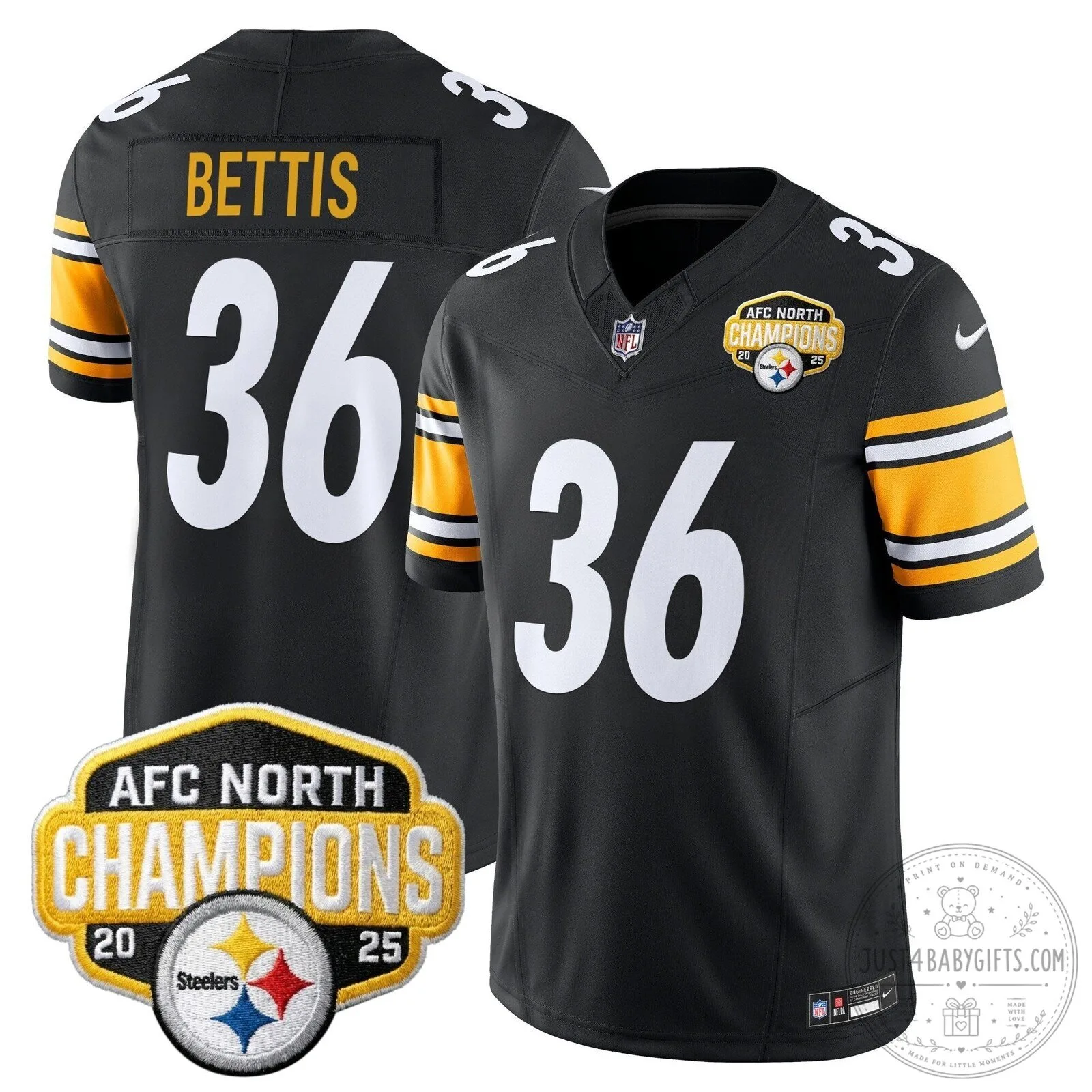 Pittsburgh Steelers TJ Watt AFC North Champions 2025 Football Jersey 72 Pittsburgh Steelers TJ Watt AFC North Champions 2025 Football Jersey