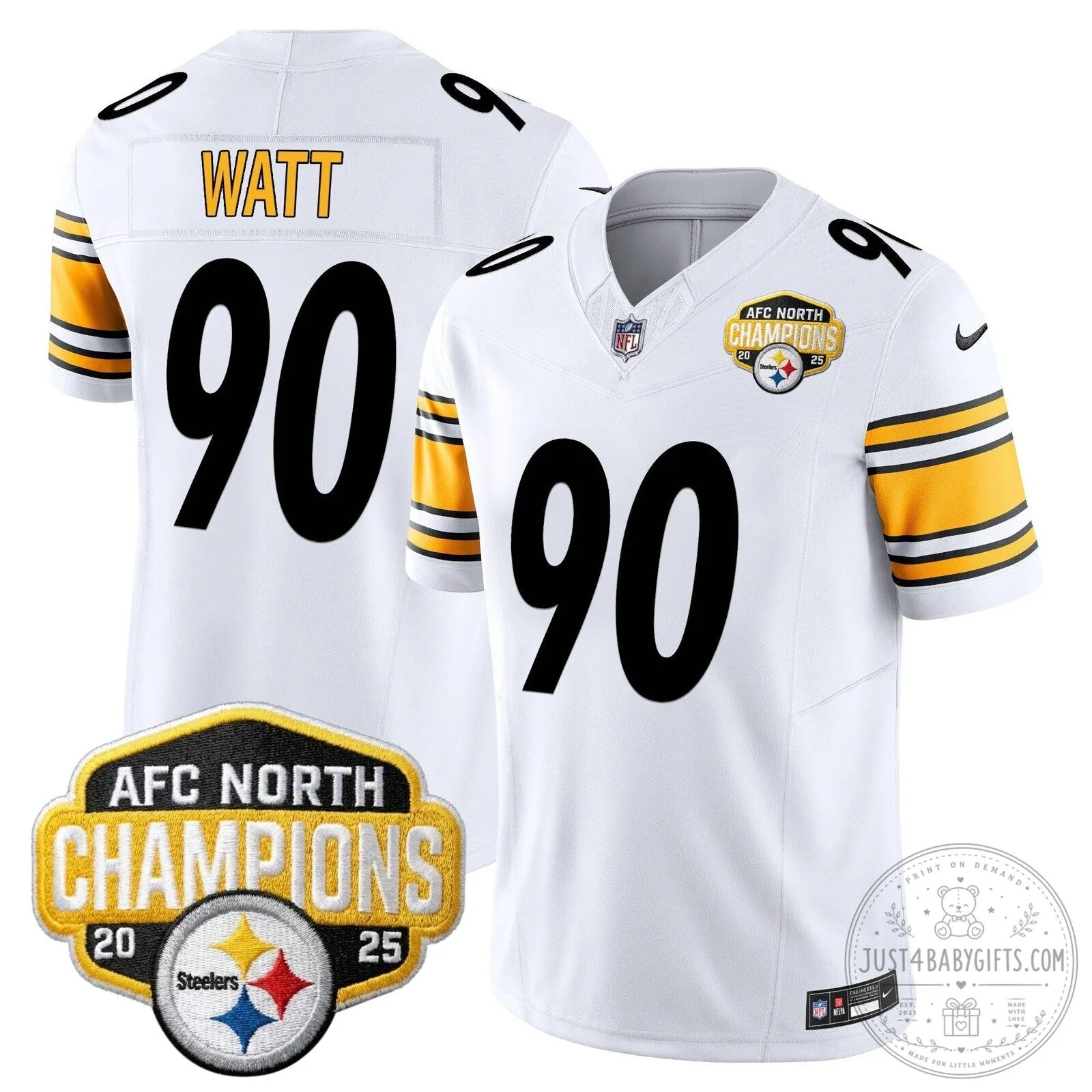 Pittsburgh Steelers TJ Watt AFC North Champions 2025 Football Jersey 74 Pittsburgh Steelers TJ Watt AFC North Champions 2025 Football Jersey