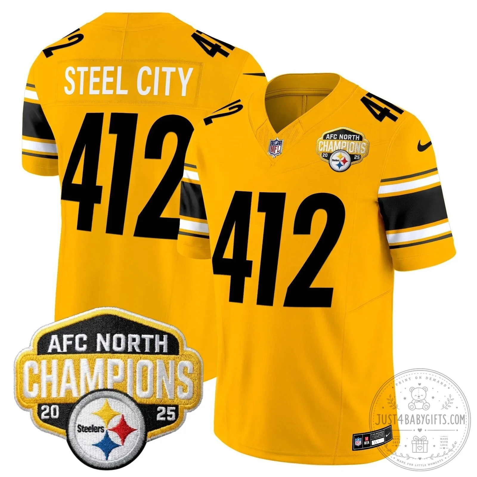 Pittsburgh Steelers TJ Watt AFC North Champions 2025 Football Jersey 85 Pittsburgh Steelers TJ Watt AFC North Champions 2025 Football Jersey