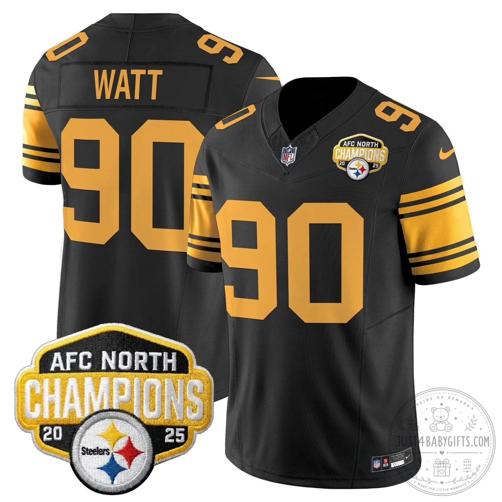 Pittsburgh Steelers TJ Watt AFC North Champions 2025 Football Jersey 94 Pittsburgh Steelers TJ Watt AFC North Champions 2025 Football Jersey