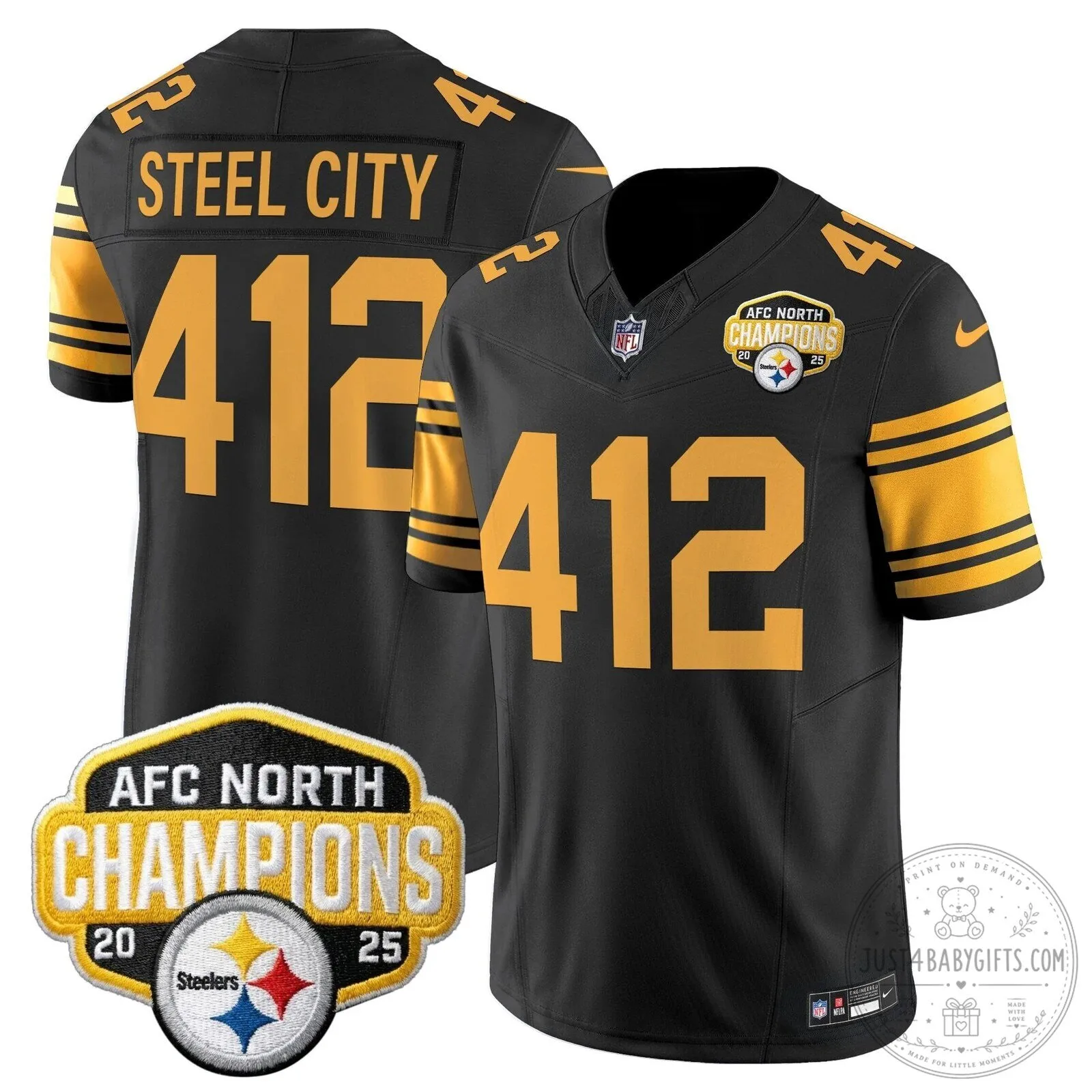 Pittsburgh Steelers TJ Watt AFC North Champions 2025 Football Jersey 95 Pittsburgh Steelers TJ Watt AFC North Champions 2025 Football Jersey