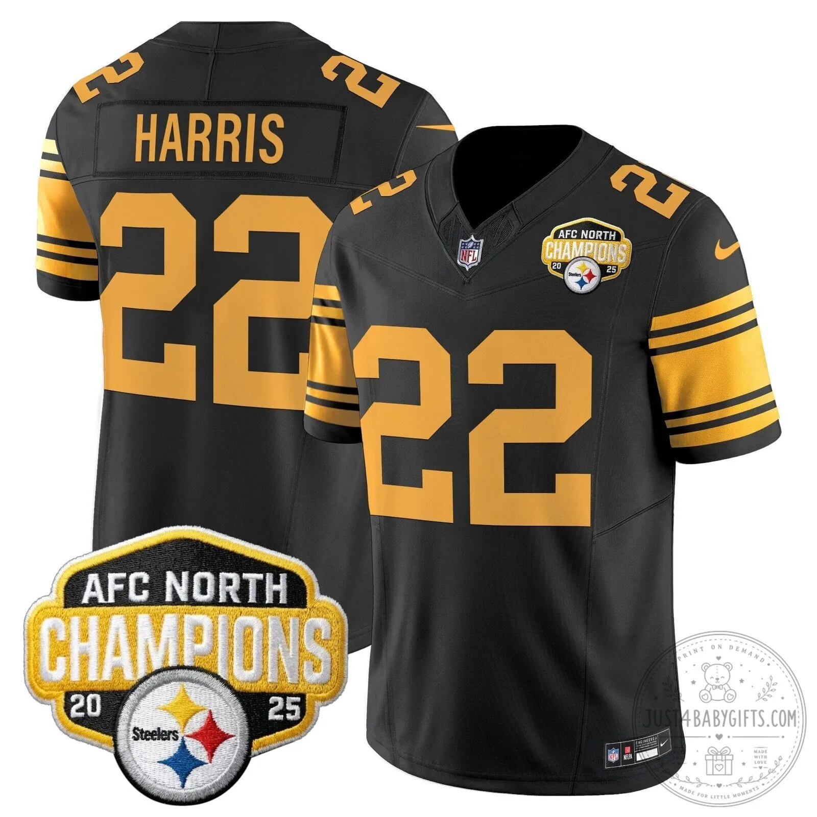 Pittsburgh Steelers TJ Watt AFC North Champions 2025 Football Jersey 98 Pittsburgh Steelers TJ Watt AFC North Champions 2025 Football Jersey
