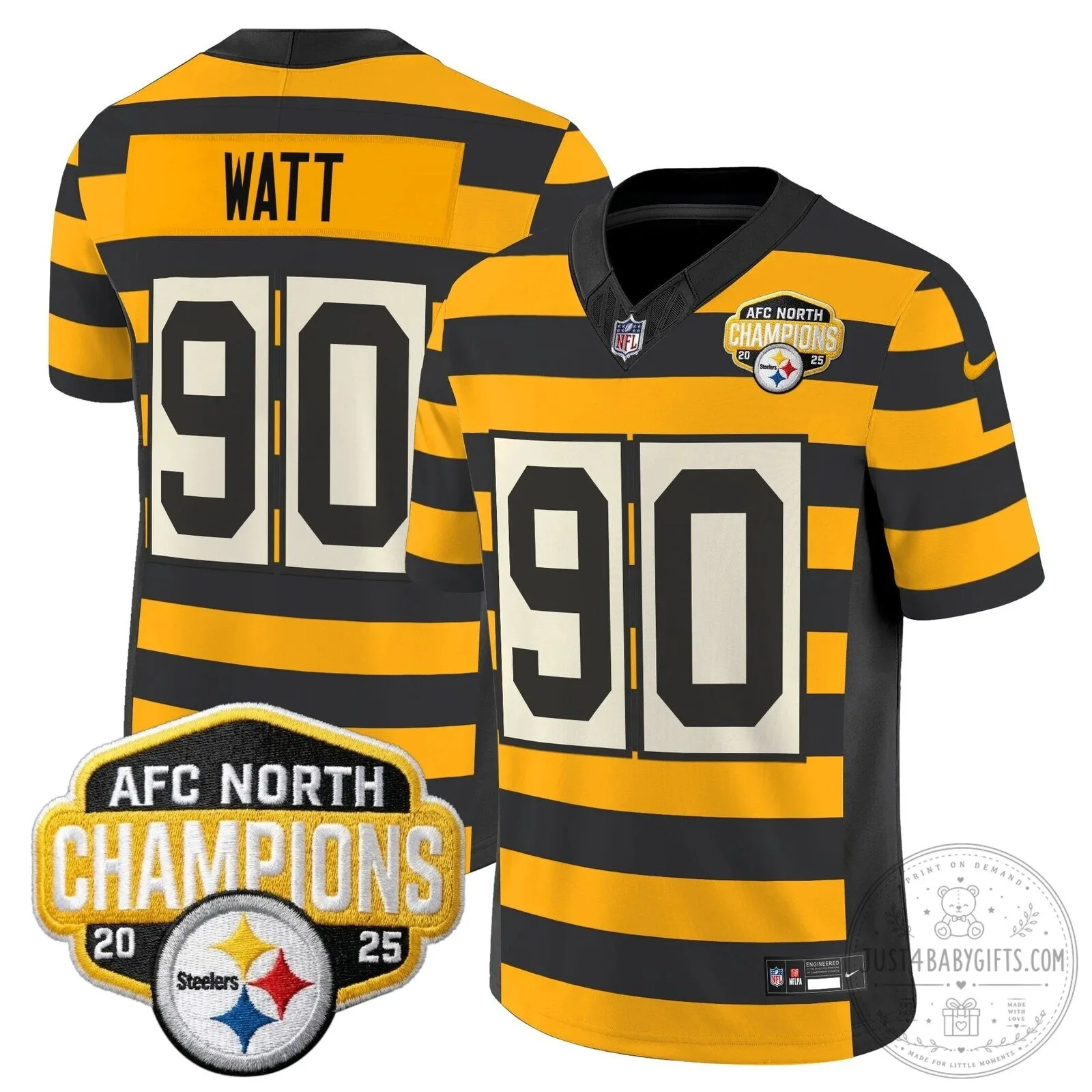 Pittsburgh Steelers TJ Watt AFC North Champions 2025 Football Jersey 104 Pittsburgh Steelers TJ Watt AFC North Champions 2025 Football Jersey