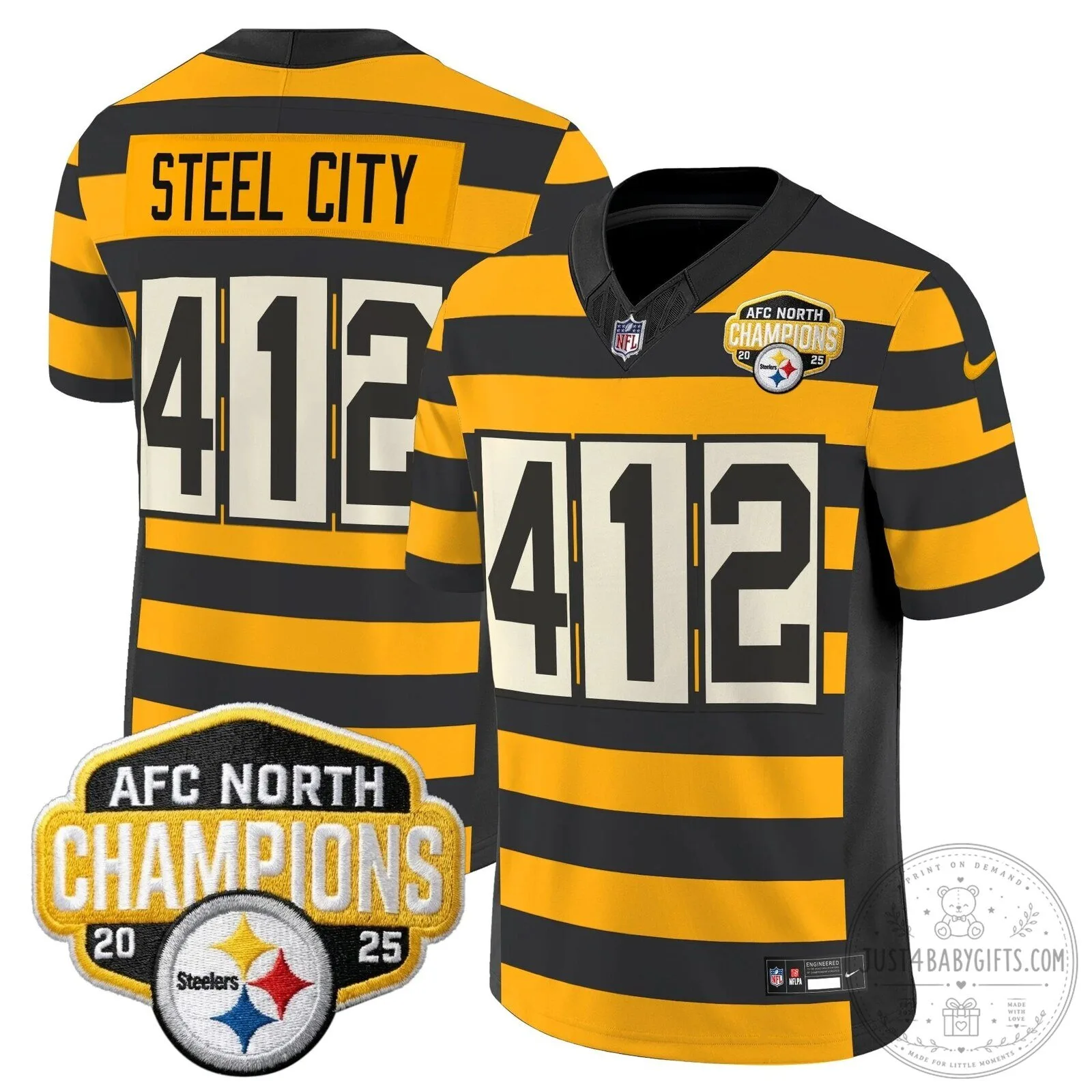 Pittsburgh Steelers TJ Watt AFC North Champions 2025 Football Jersey 105 Pittsburgh Steelers TJ Watt AFC North Champions 2025 Football Jersey