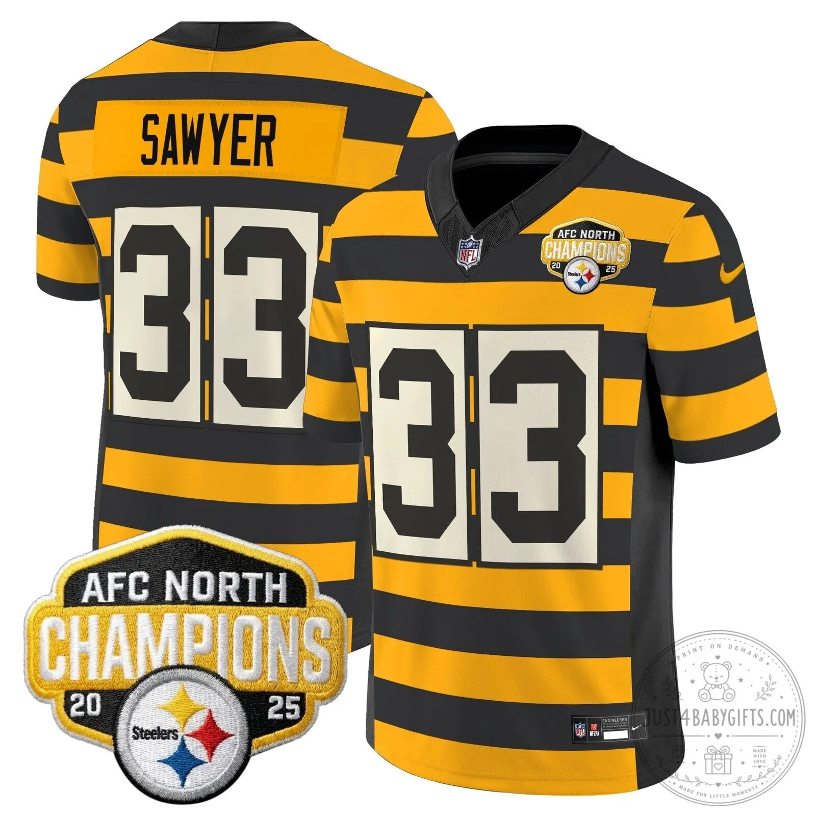 Pittsburgh Steelers TJ Watt AFC North Champions 2025 Football Jersey 106 Pittsburgh Steelers TJ Watt AFC North Champions 2025 Football Jersey
