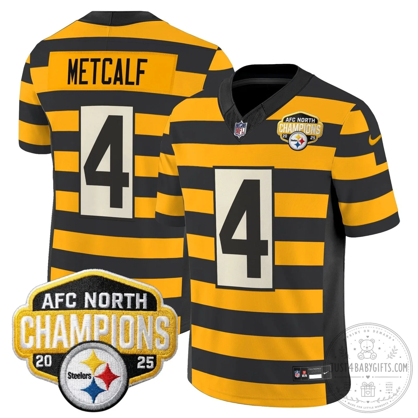 Pittsburgh Steelers TJ Watt AFC North Champions 2025 Football Jersey 107 Pittsburgh Steelers TJ Watt AFC North Champions 2025 Football Jersey