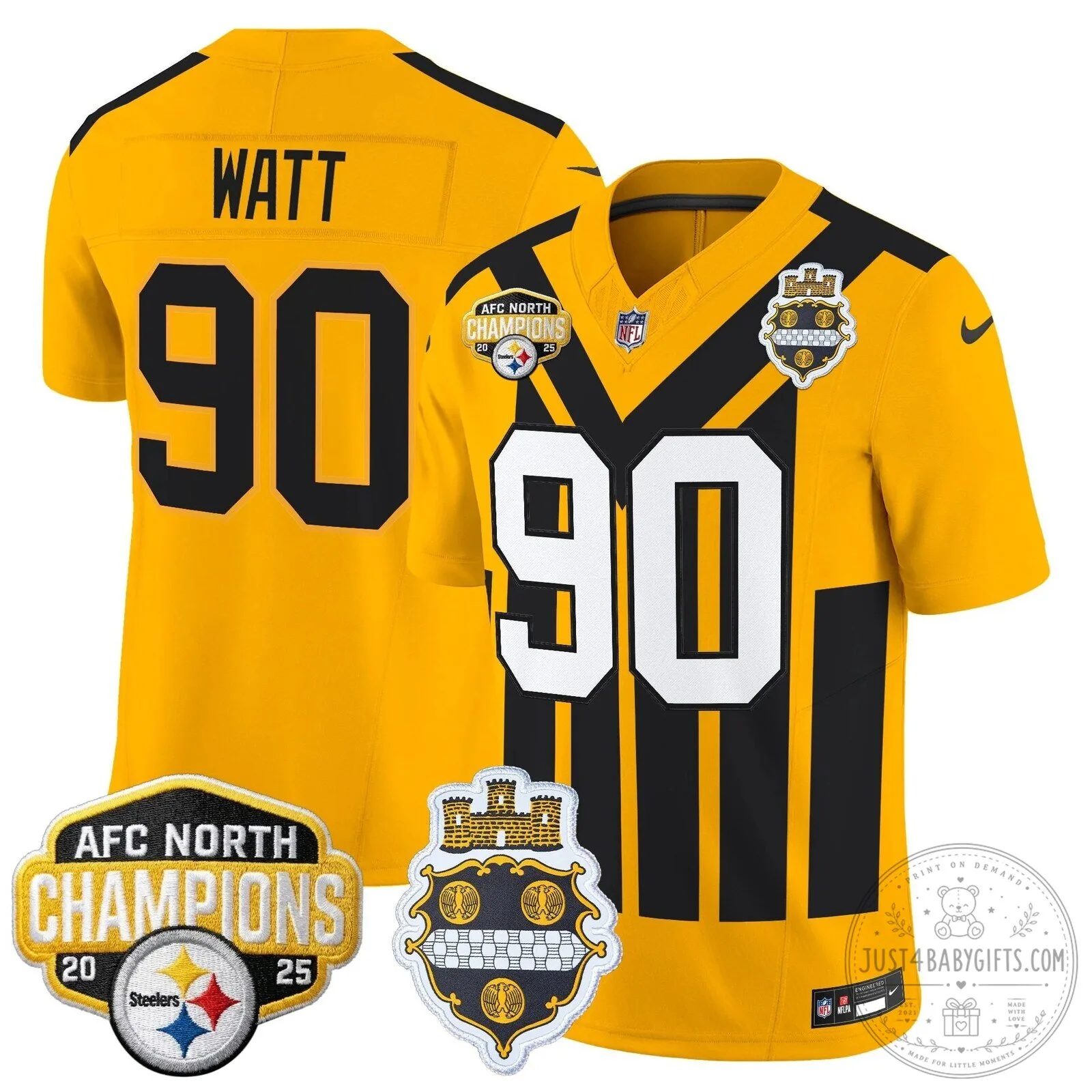 Pittsburgh Steelers TJ Watt AFC North Champions 2025 Football Jersey 114 Pittsburgh Steelers TJ Watt AFC North Champions 2025 Football Jersey