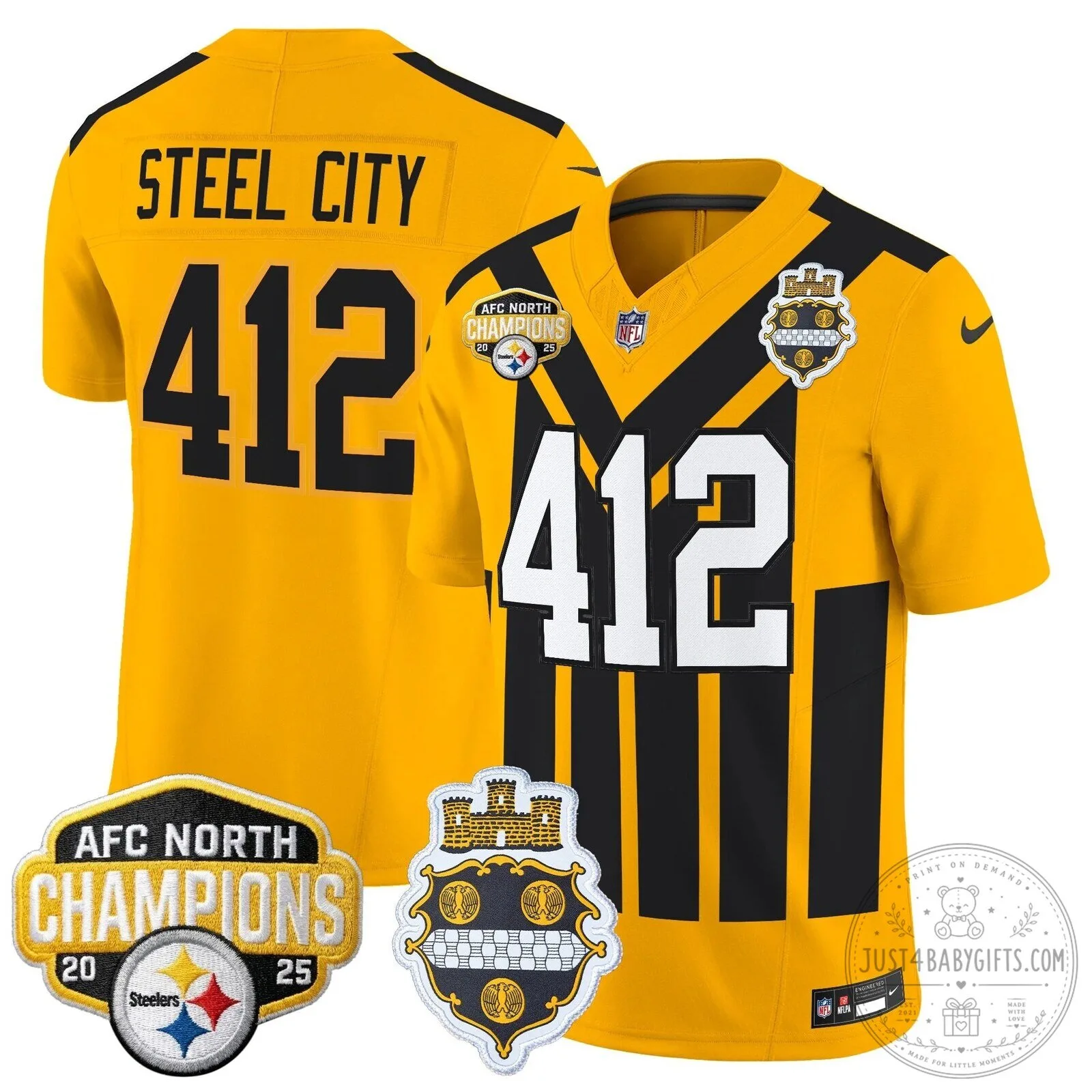 Pittsburgh Steelers TJ Watt AFC North Champions 2025 Football Jersey 115 Pittsburgh Steelers TJ Watt AFC North Champions 2025 Football Jersey