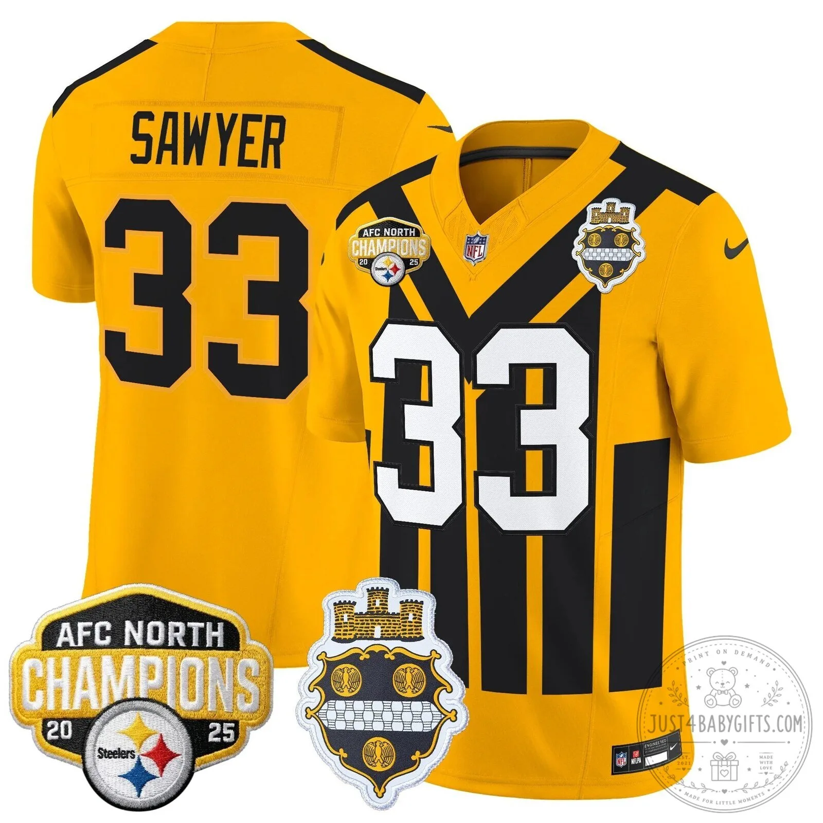 Pittsburgh Steelers TJ Watt AFC North Champions 2025 Football Jersey 116 Pittsburgh Steelers TJ Watt AFC North Champions 2025 Football Jersey