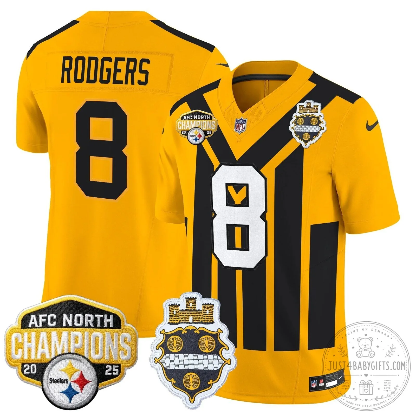 Pittsburgh Steelers TJ Watt AFC North Champions 2025 Football Jersey 123 Pittsburgh Steelers TJ Watt AFC North Champions 2025 Football Jersey